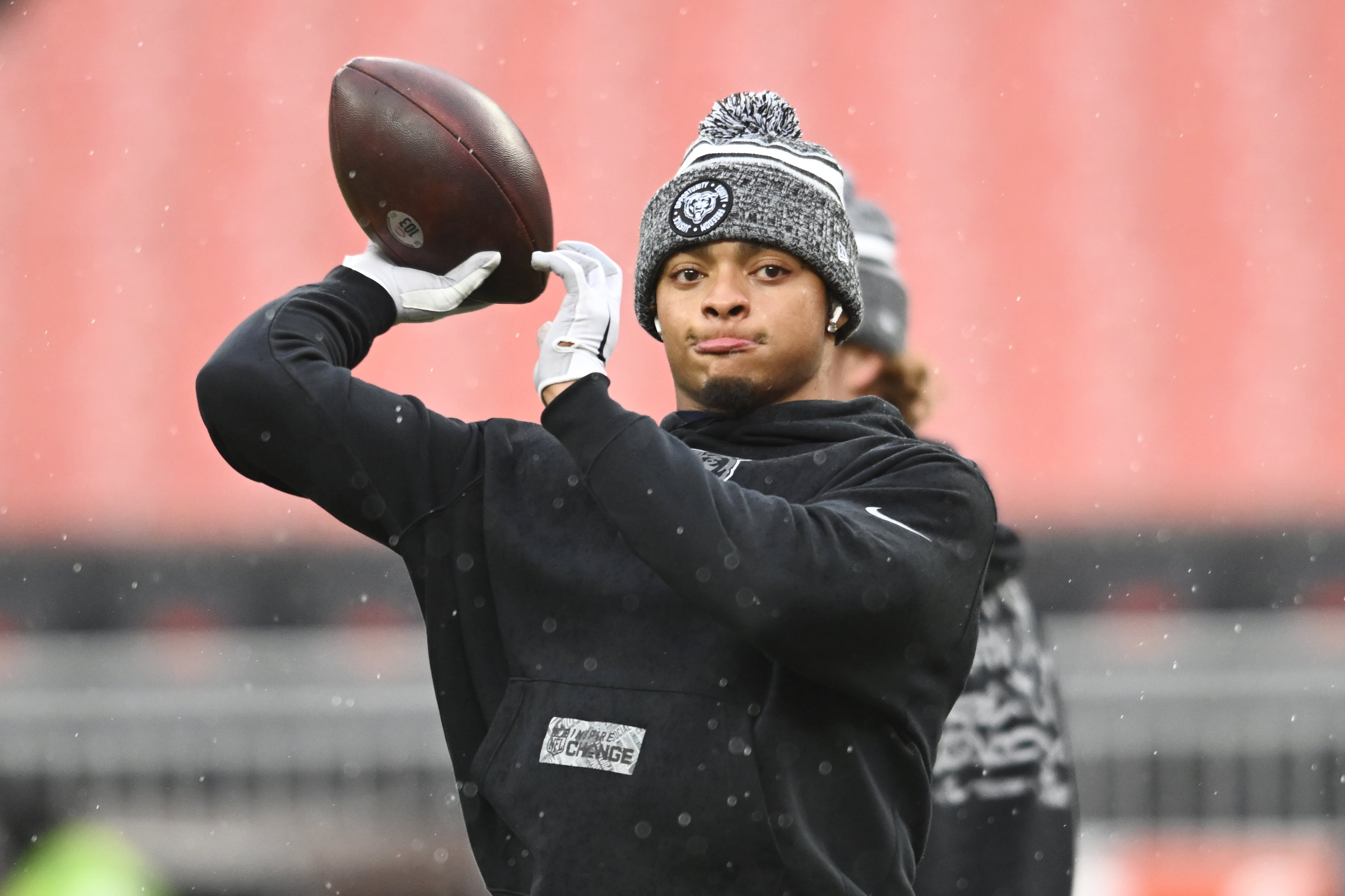 Dec 17, 2023; Cleveland, Ohio, USA; Chicago Bears quarterback Justin Fields (1) warms up before the game between the Bears and the Cleveland Browns at Cleveland Browns Stadium.