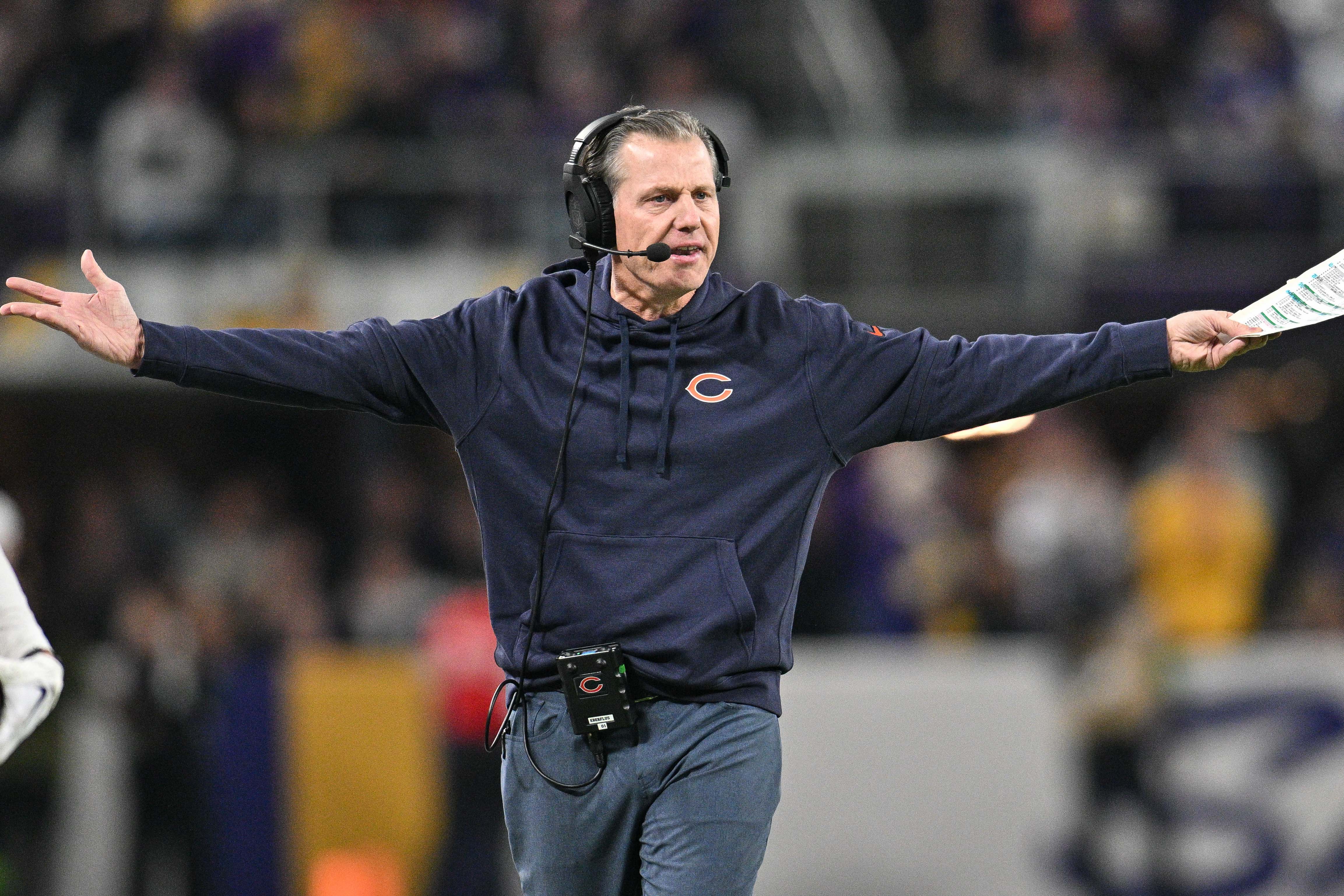 Nov 27, 2023; Minneapolis, Minnesota, USA; Chicago Bears head coach Matt Eberflus reacts during the game against the Minnesota Vikings at U.S. Bank Stadium.