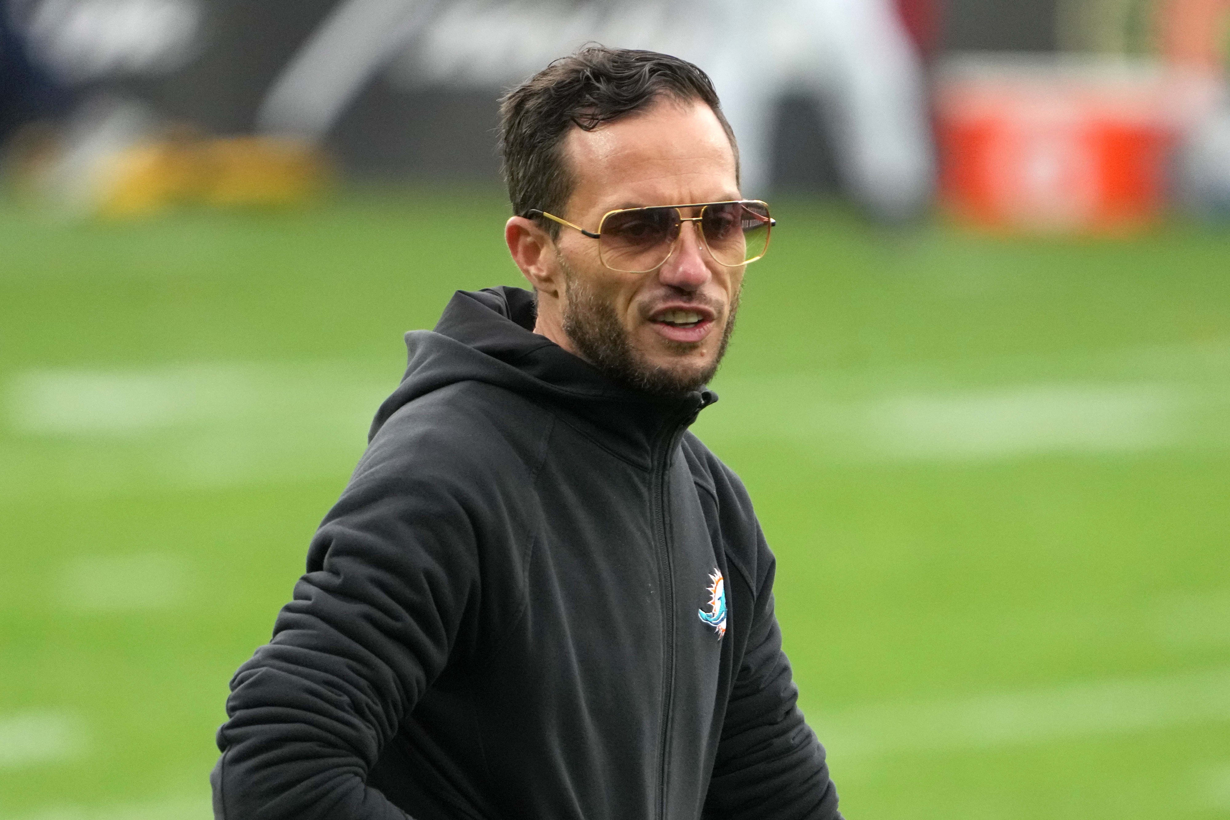 Miami Dolphins coach Mike McDaniel reacts during practice at the PSD Bank Arena.