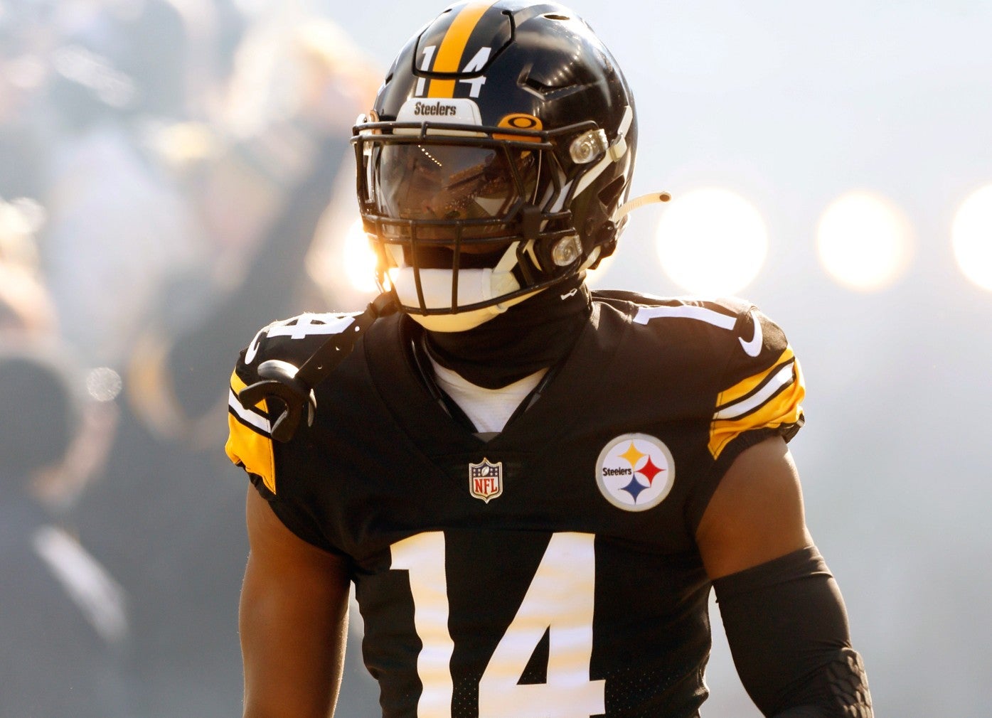 Jan 8, 2023; Pittsburgh, Pennsylvania, USA; Pittsburgh Steelers wide receiver George Pickens (14) takes the field against the Cleveland Browns during the first quarter at Acrisure Stadium. Mandatory Credit: Charles LeClaire-USA TODAY Sports