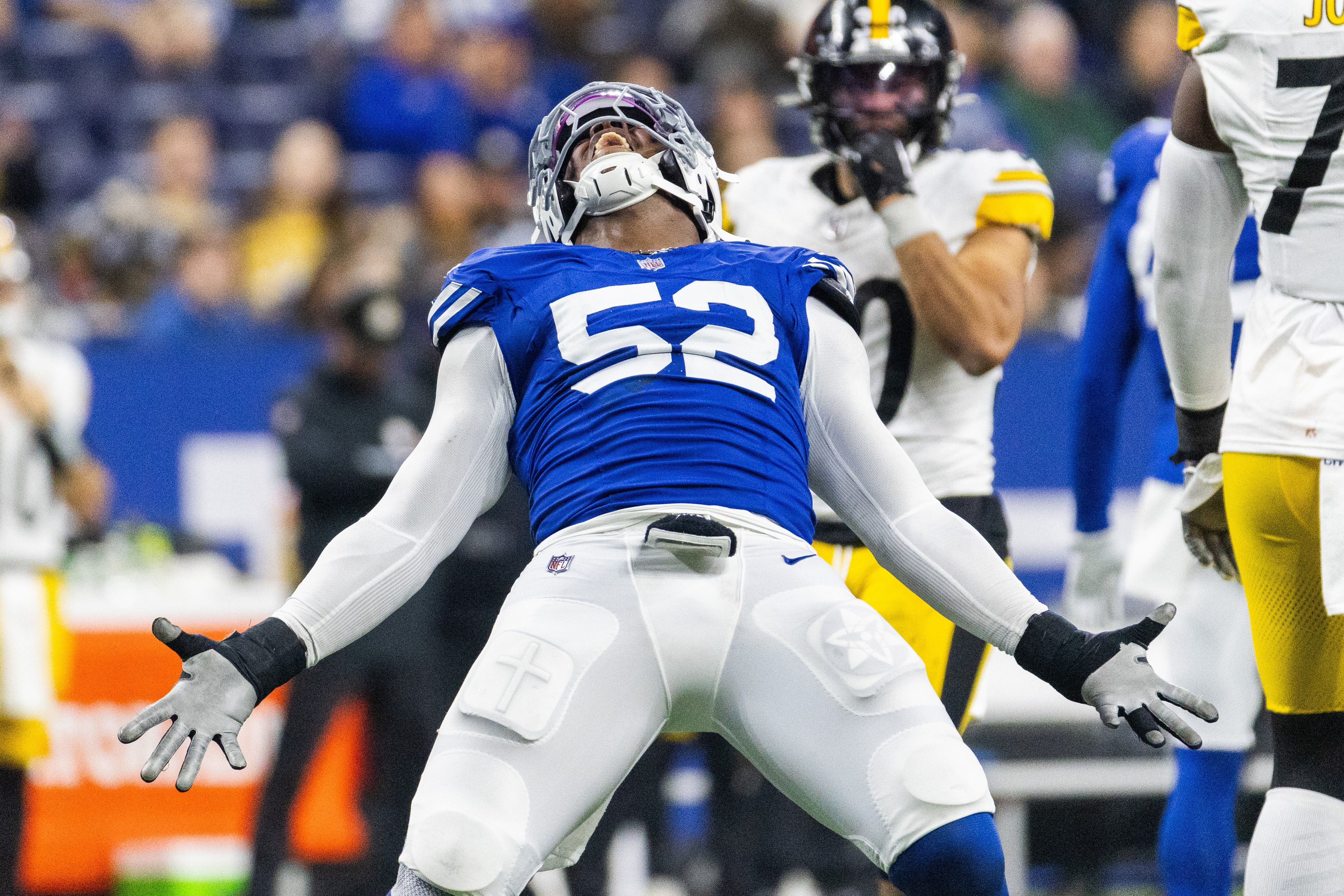 Dec 16, 2023; Indianapolis, Indiana, USA; Indianapolis Colts defensive end Samson Ebukam (52) celebrates a sack in the second half against the Pittsburgh Steelers at Lucas Oil Stadium.