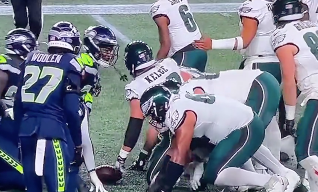 Eagles' Jason Kelce called for a false start penalty on tush push play.