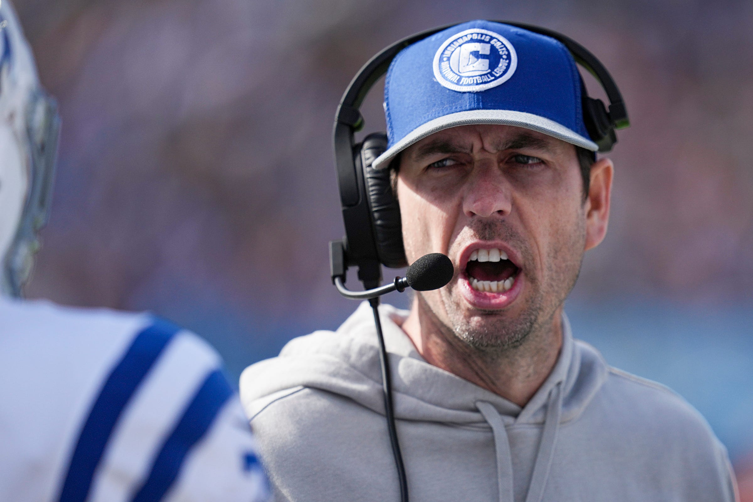 Indianapolis Colts head coach Shane Steichen talks to players Sunday, Dec. 3, 2023, during a game against the Tennessee Titans at Nissan Stadium in Nashville, Tenn.