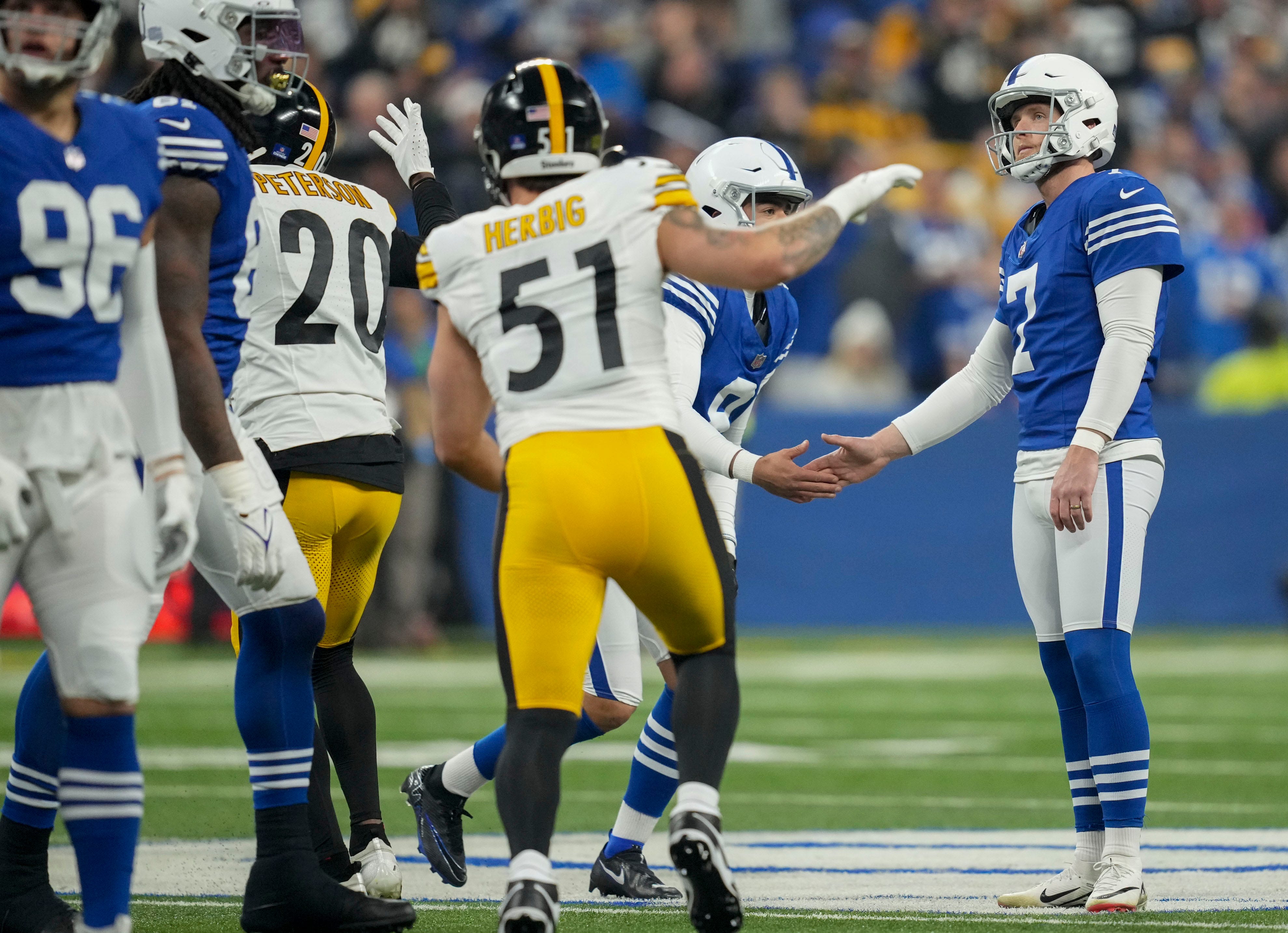 Indianapolis Colts place kicker Matt Gay (7) looks up at the goal posts after missing a field goal Saturday, Dec. 16, 2023, during a game against the Pittsburgh Steelers at Lucas Oil Stadium in Indianapolis.