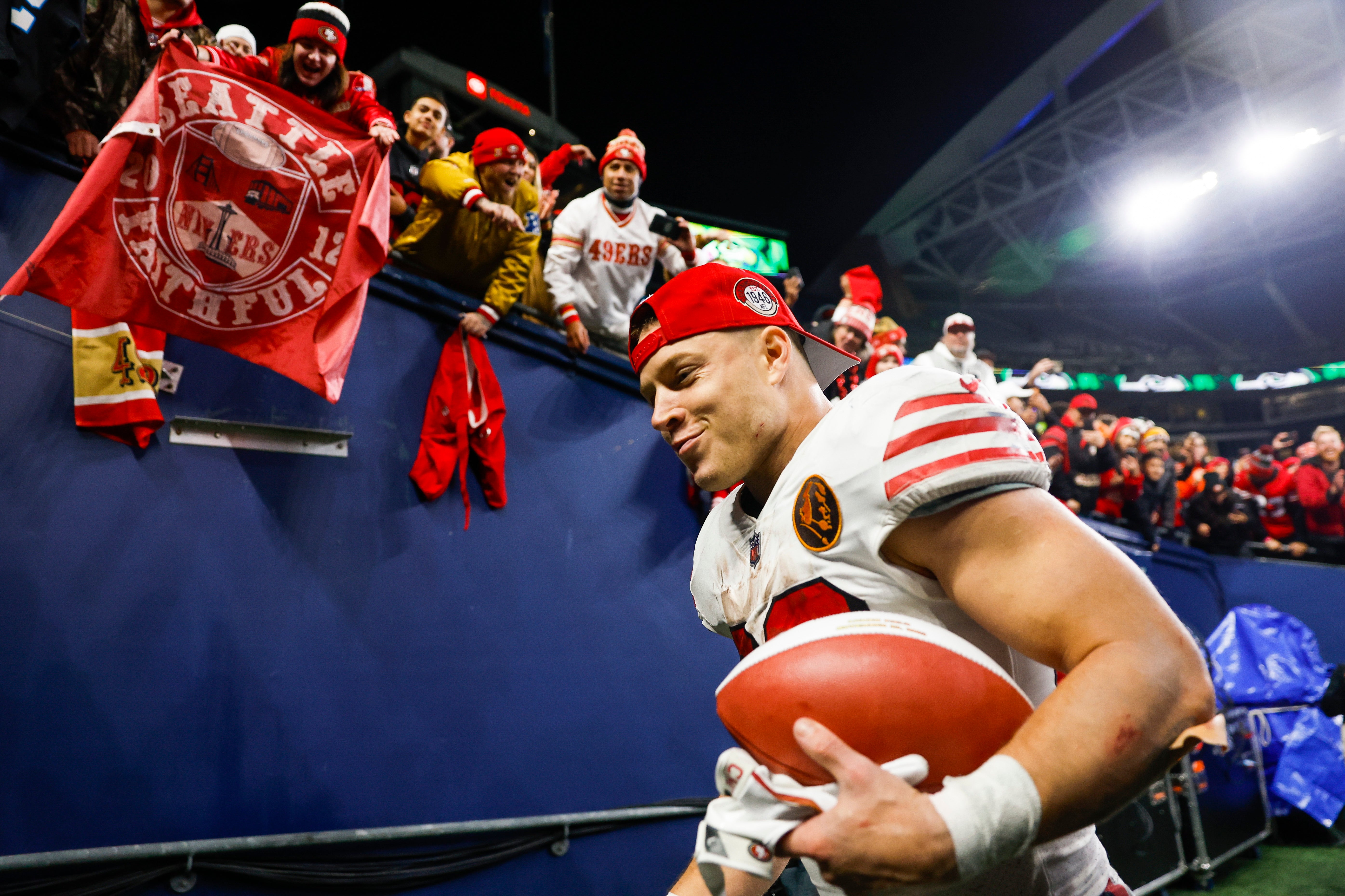 Nov 23, 2023; Seattle, Washington, USA; San Francisco 49ers running back Christian McCaffrey (23) walks to the locker room following a 31-13 victory against the Seattle Seahawks at Lumen Field.
