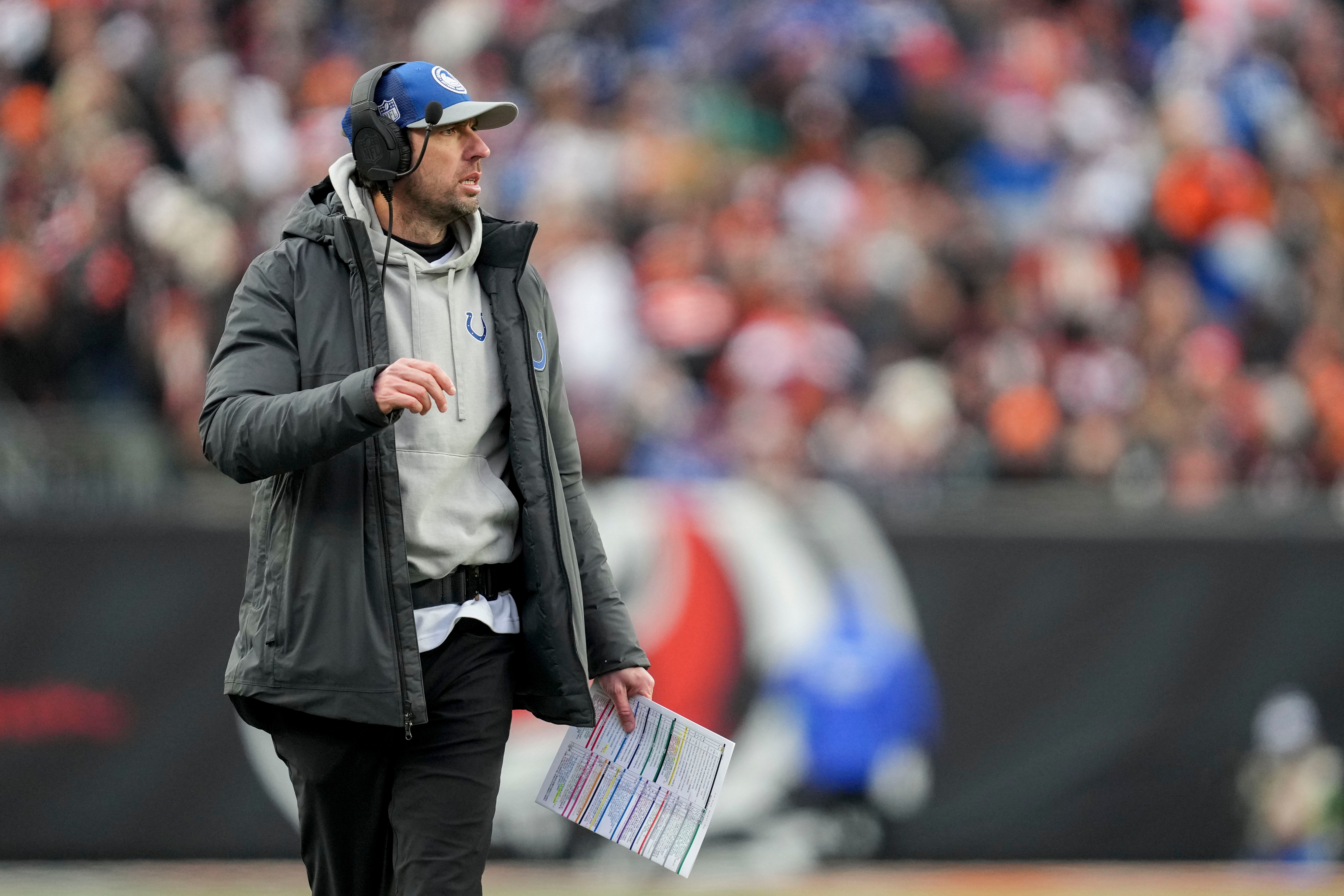 Dec 10, 2023; Cincinnati, Ohio, USA; Indianapolis Colts head coach Shane Steichen watches the action on the field at Paycor Stadium.