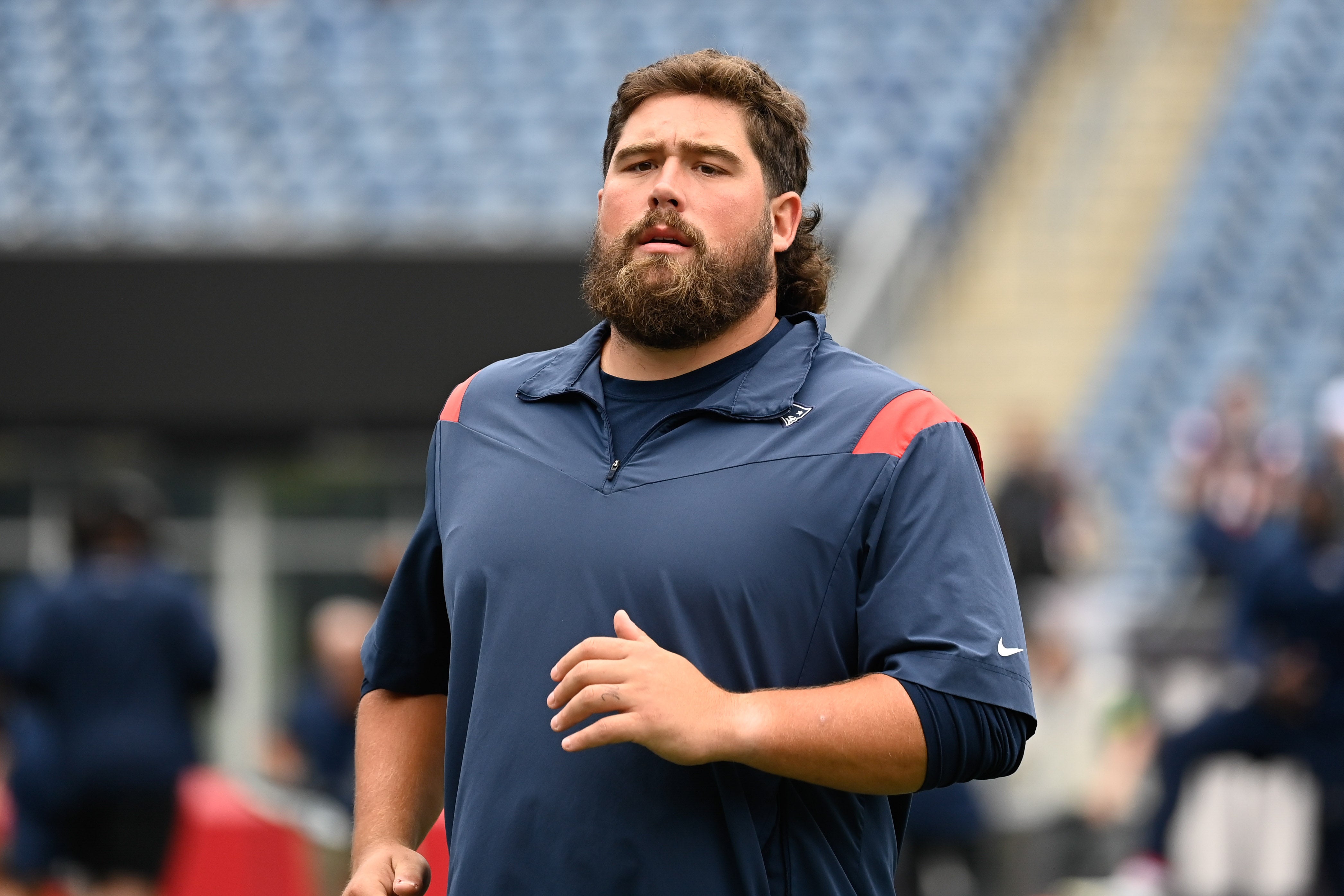 New England Patriots center David Andrews warms up before a game against the Houston Texans at Gillette Stadium.