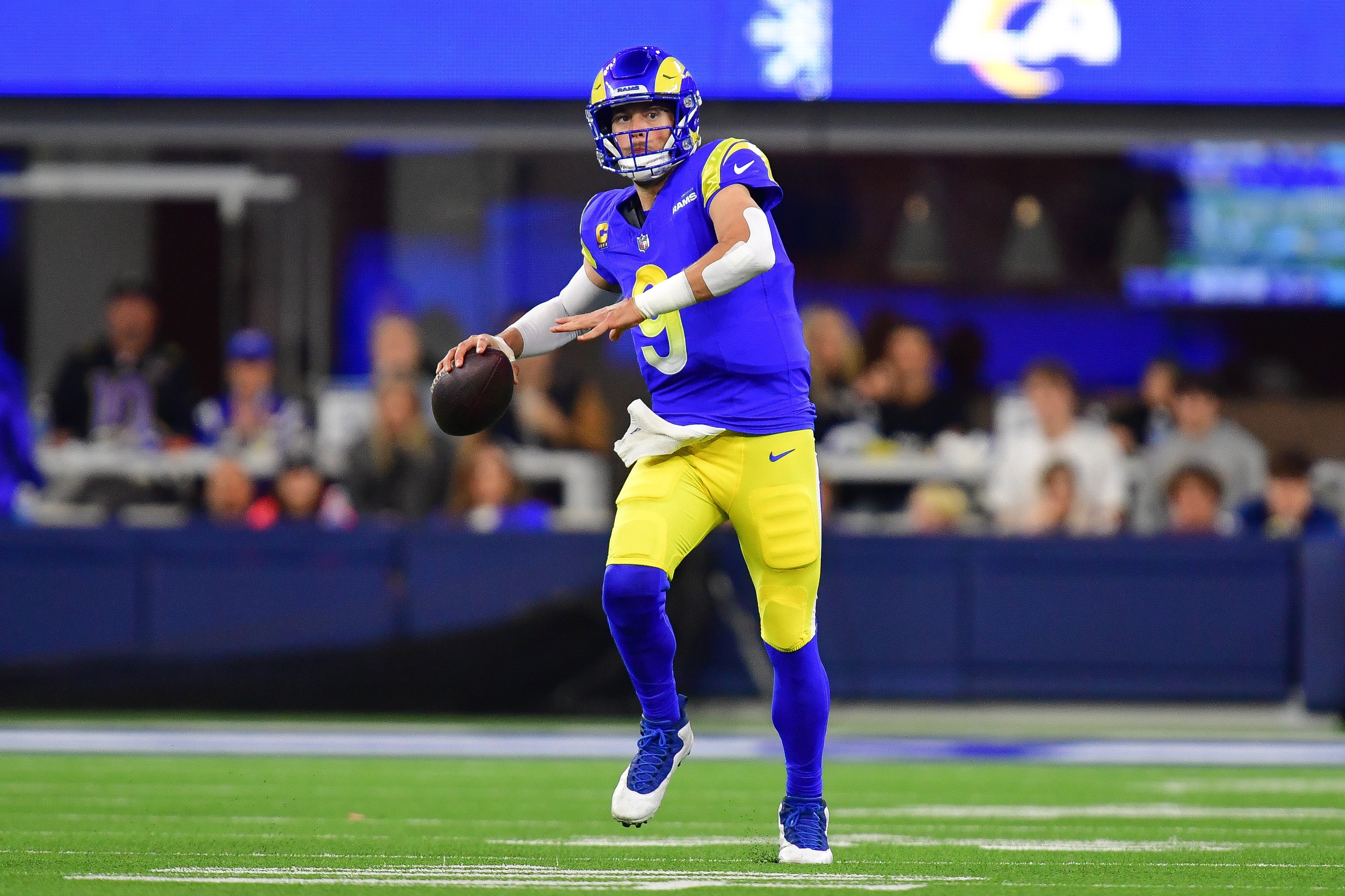 Dec 21, 2023; Inglewood, California, USA; Los Angeles Rams quarterback Matthew Stafford (9) throws against the New Orleans Saints during the first half at SoFi Stadium. Mandatory Credit: Gary A. Vasquez-USA TODAY Sports