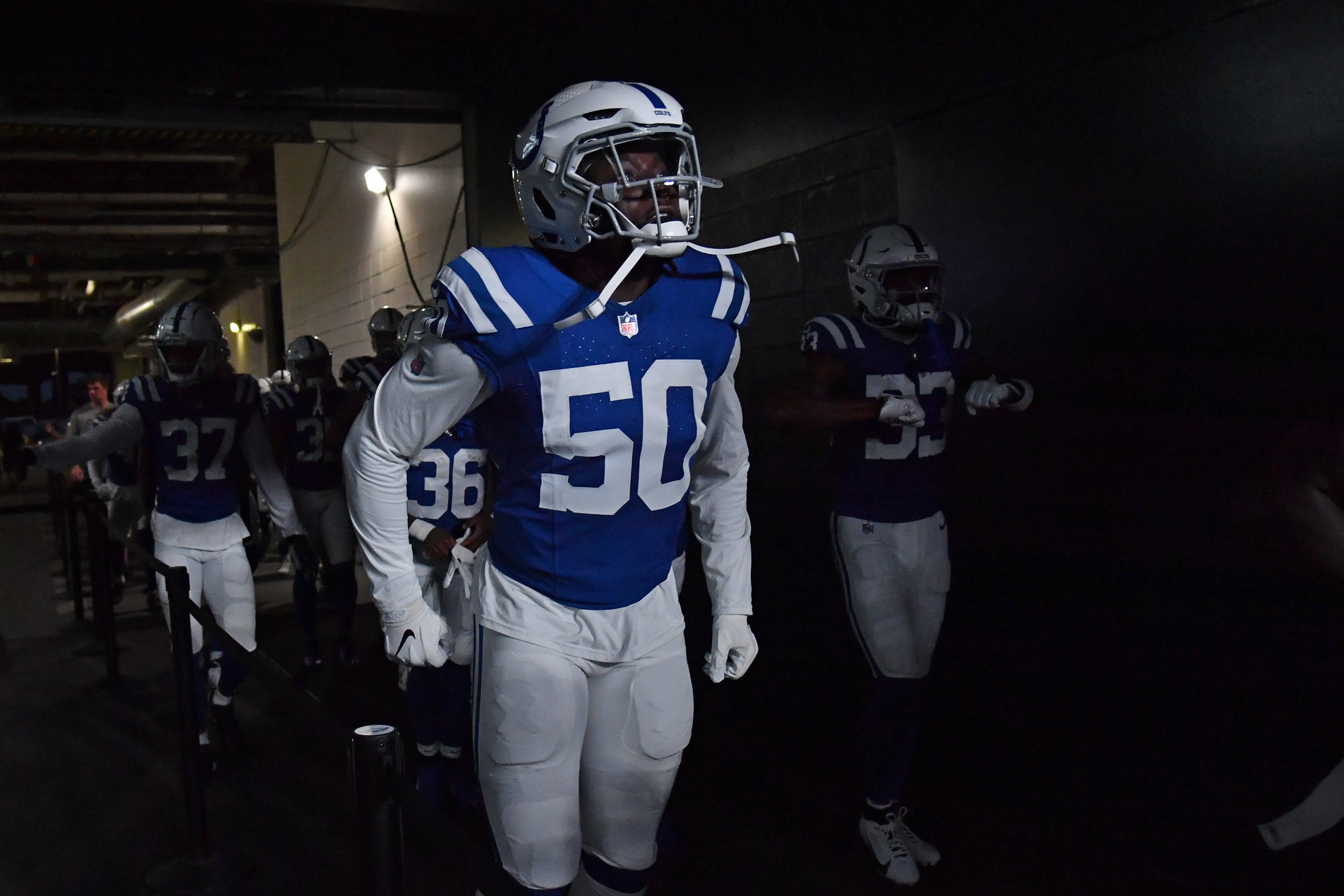 Aug 24, 2023; Philadelphia, Pennsylvania, USA; Indianapolis Colts linebacker Segun Olubi (50) in the tunnel against the Philadelphia Eagles at Lincoln Financial Field.
