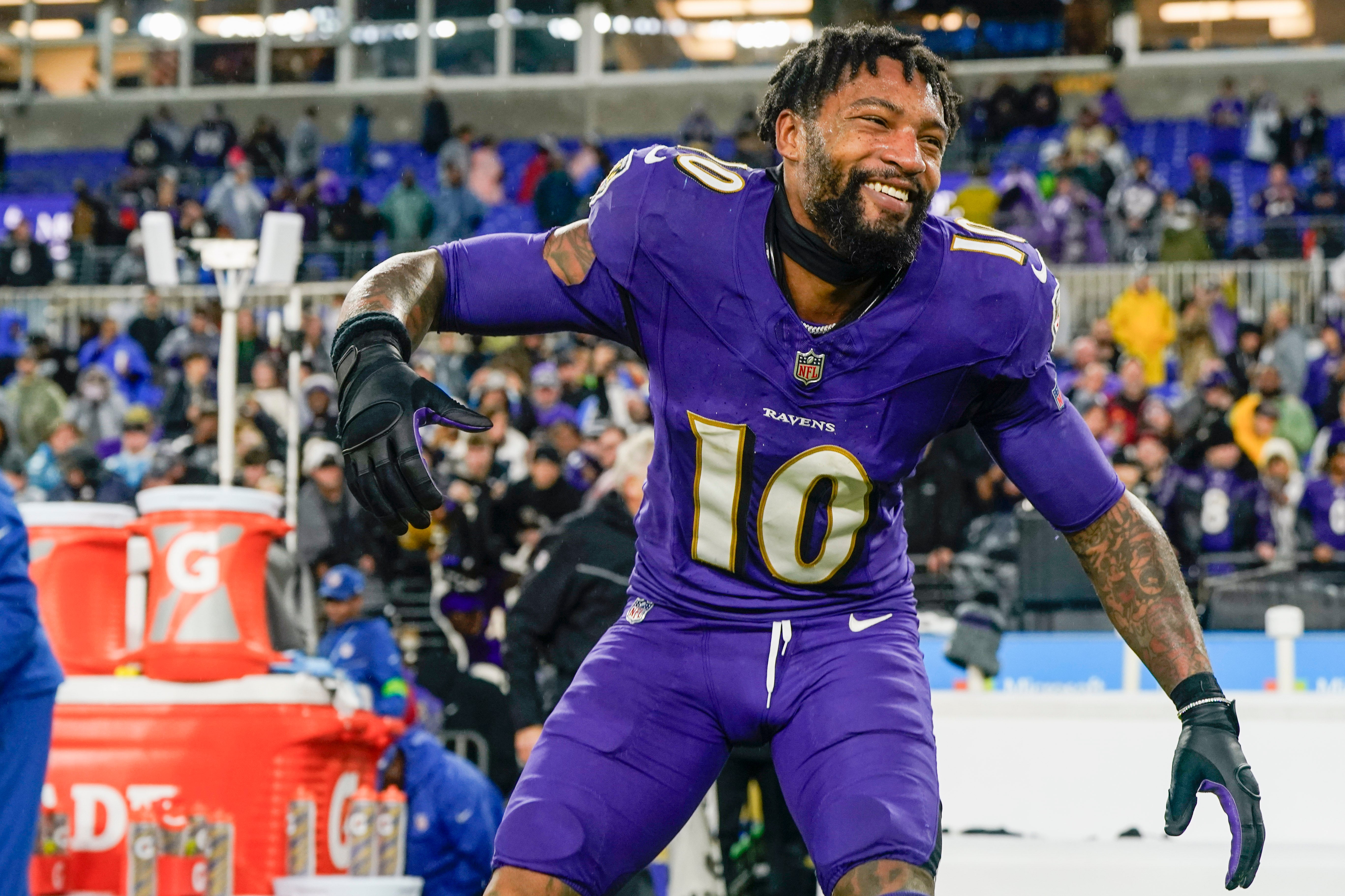 Baltimore Ravens cornerback Arthur Maulet (10) celebrates after winning in overtime against the Los Angeles Rams at M&T Bank Stadium.