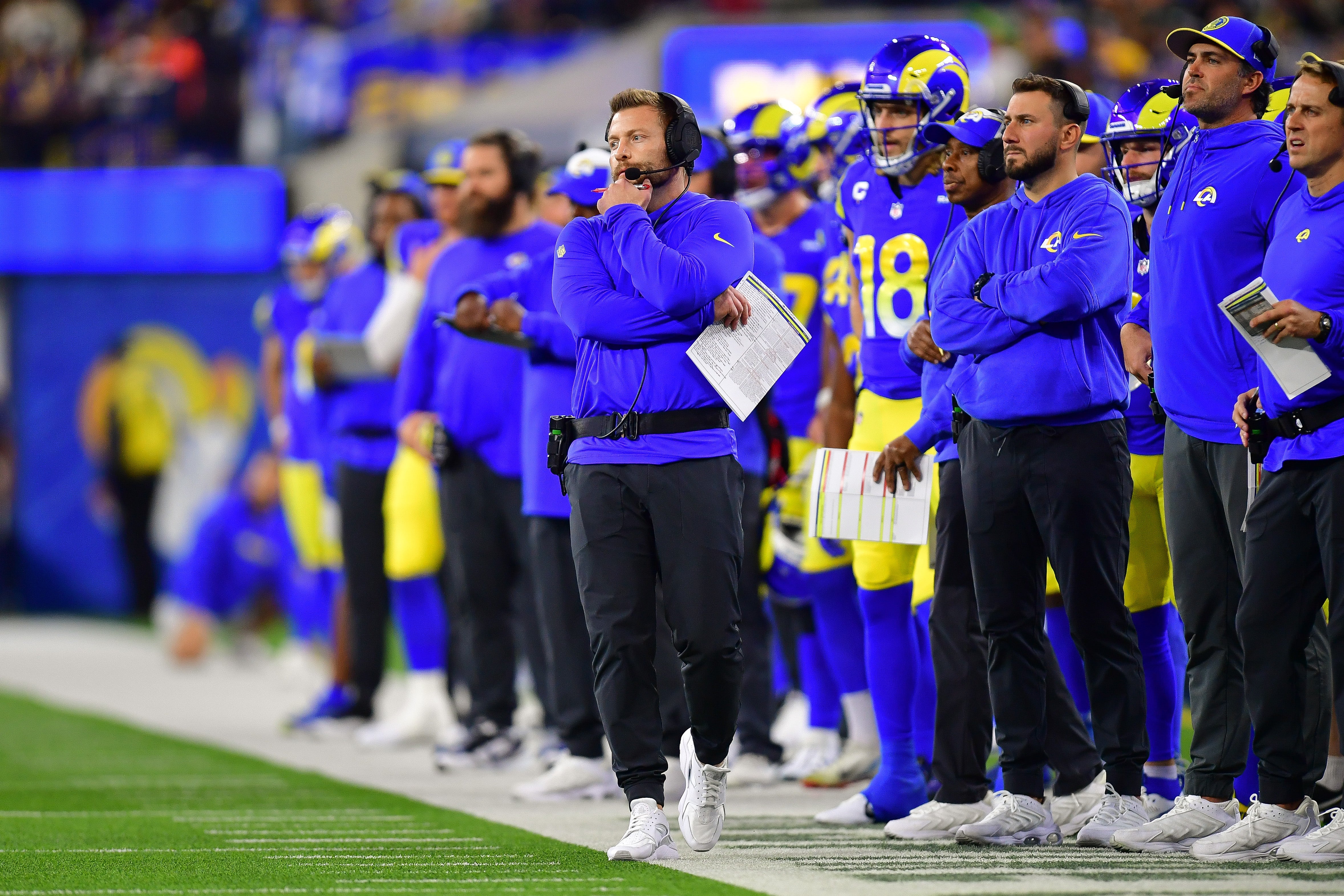 Dec 21, 2023; Inglewood, California, USA; Los Angeles Rams head coach Sean McVay watches game action against the New Orleans Saints during the first half at SoFi Stadium. Mandatory Credit: Gary A. Vasquez-USA TODAY Sports
