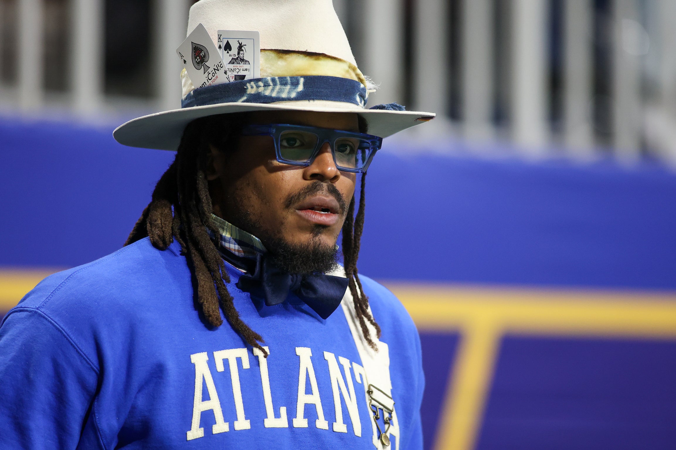 Dec 16, 2023; Atlanta, GA, USA; Former NFL quarterback Cam Newton watches a game between the Howard Bison and Florida A&M Rattlers in the first half at Mercedes-Benz Stadium. Mandatory Credit: Brett Davis-USA TODAY Sports