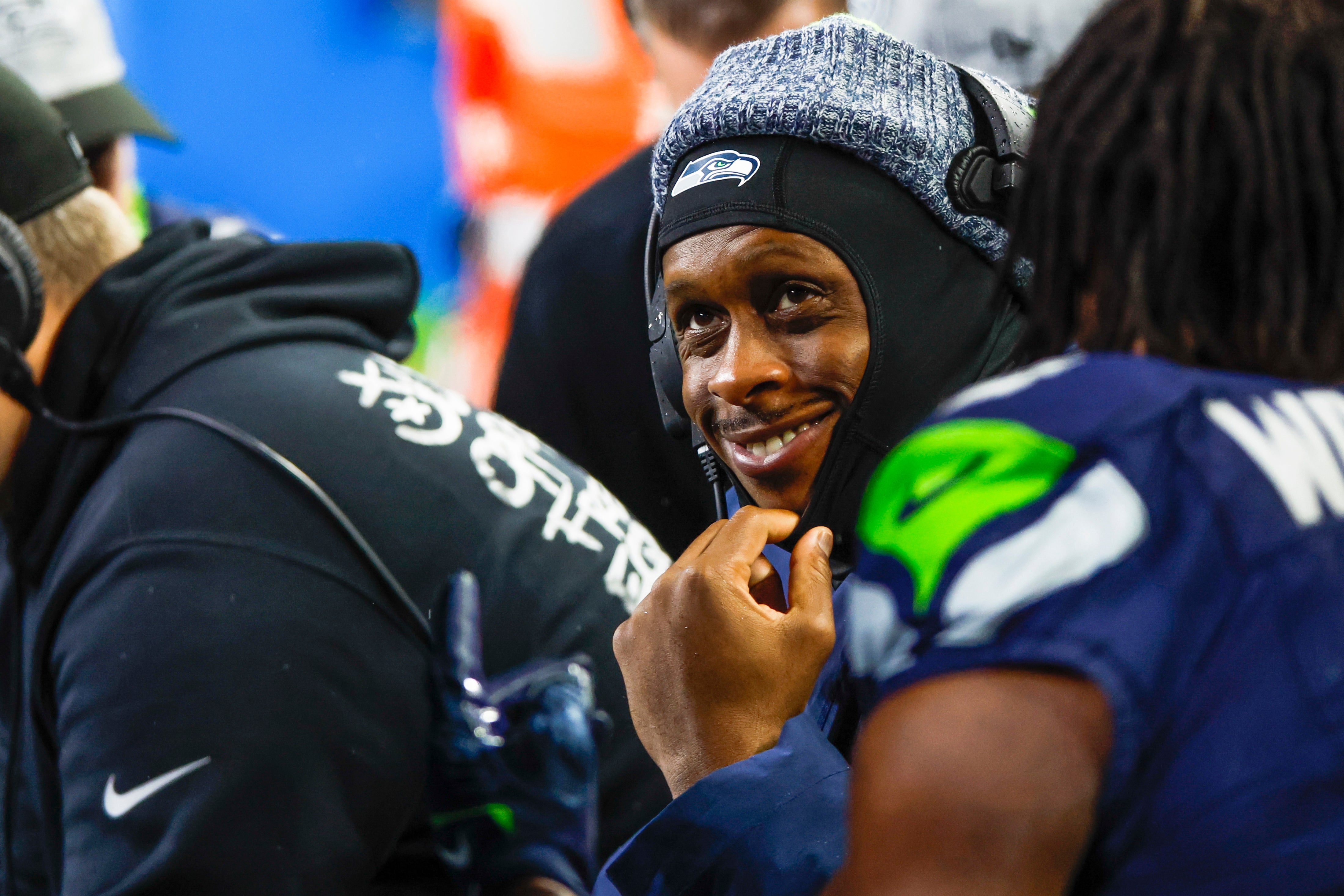 Dec 18, 2023; Seattle, Washington, USA; Seattle Seahawks quarterback Geno Smith (7) sits on the bench during the fourth quarter against the Philadelphia Eagles at Lumen Field. Mandatory Credit: Joe Nicholson-USA TODAY Sports