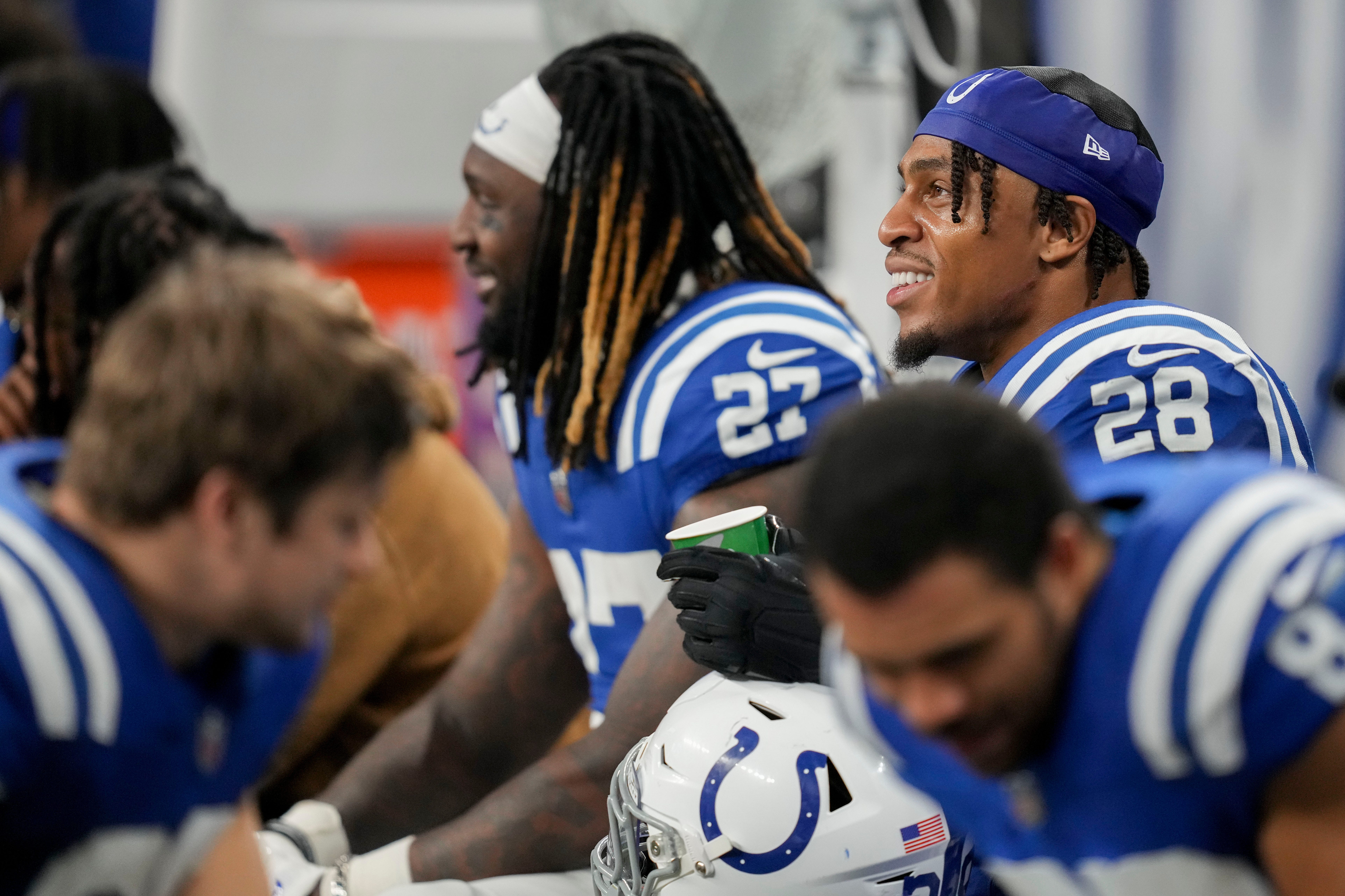 Indianapolis Colts running back Jonathan Taylor (28) sits on the sideline Sunday, Nov. 26, 2023, during a game against the Tampa Bay Buccaneers at Lucas Oil Stadium in Indianapolis.