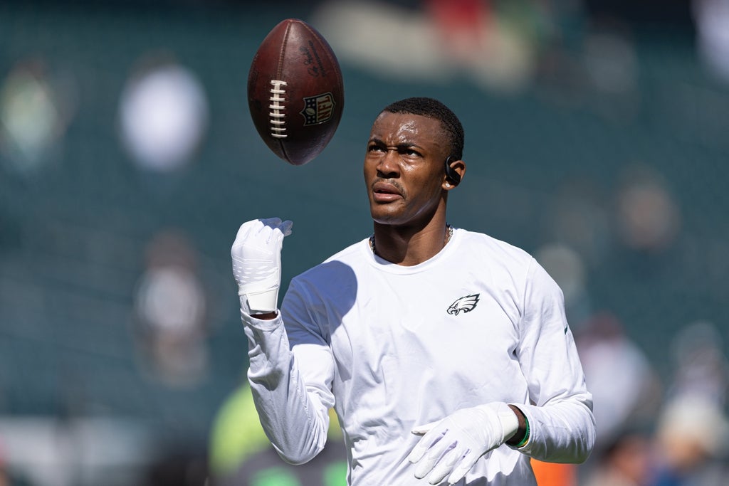 Philadelphia Eagles wide receiver DeVonta Smith warms up before action against the Washington Commanders at Lincoln Financial Field.