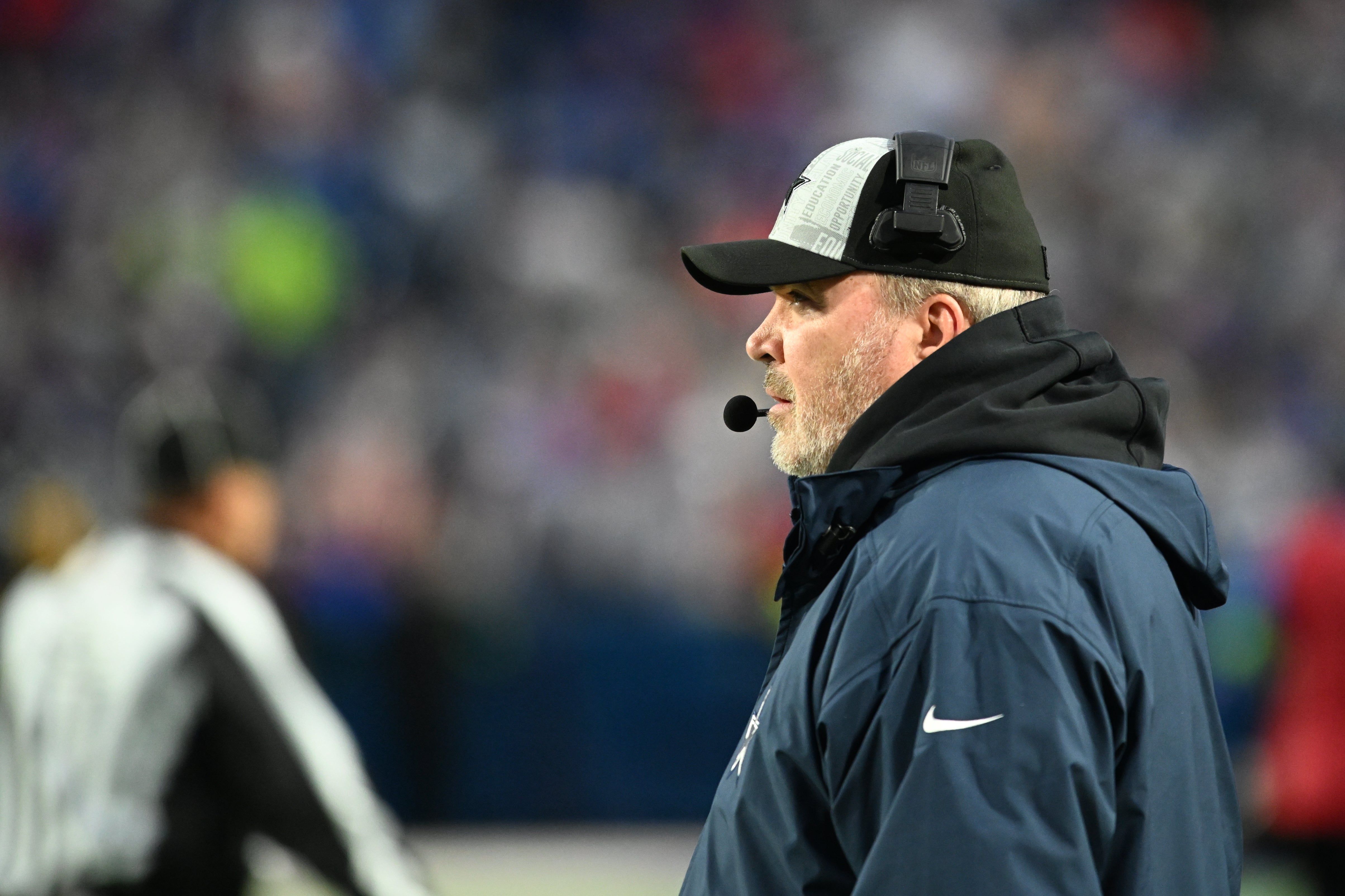 Dallas Cowboys head coach Mike McCarthy looks on in the first quarter against the Buffalo Bills at Highmark Stadium.