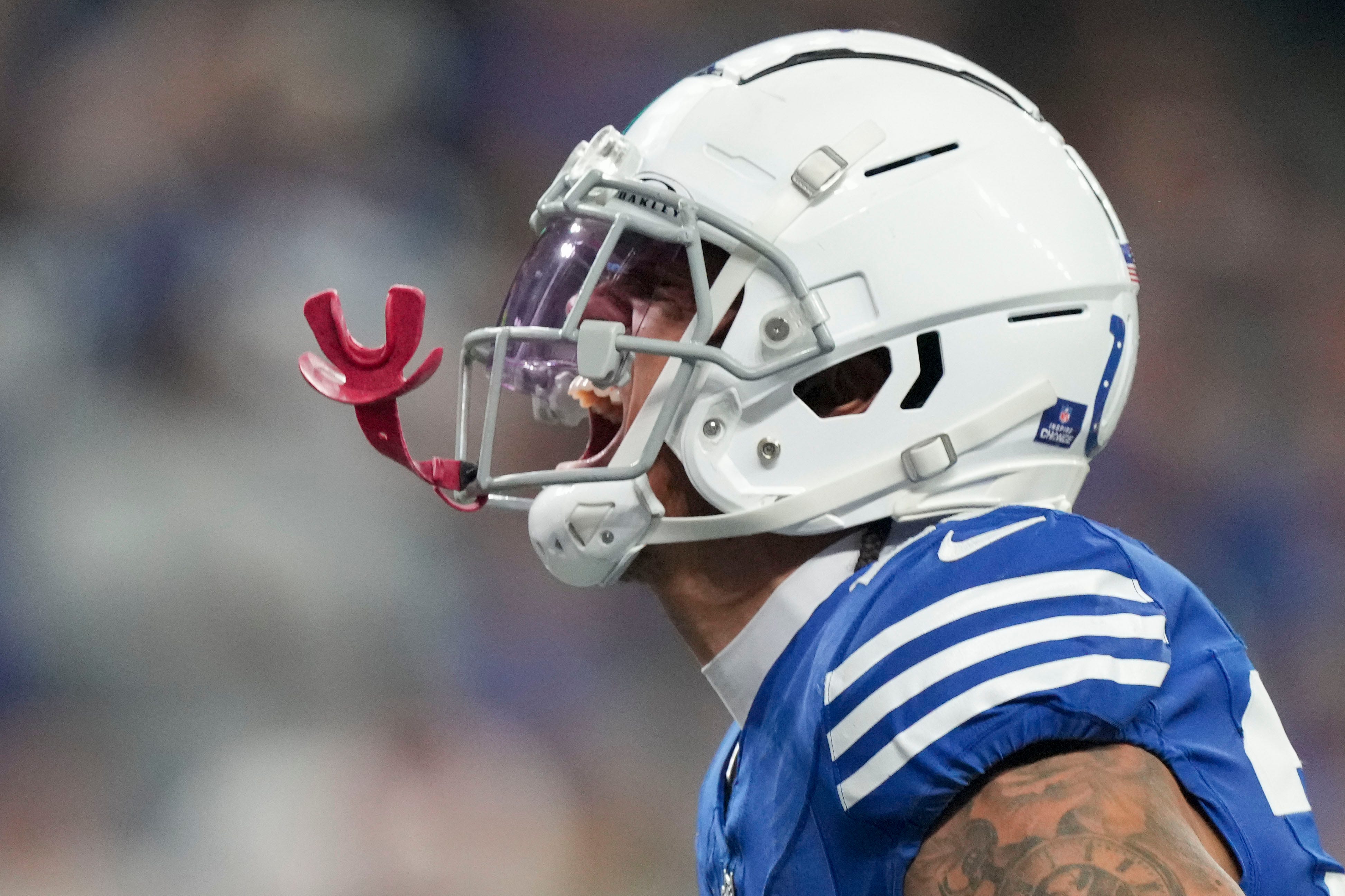 Indianapolis Colts cornerback JuJu Brents (29) yells in excitement after bringing down Pittsburgh Steelers running back Najee Harris (22) on the line of scrimmage Saturday, Dec. 16, 2023, during a game against the Pittsburgh Steelers at Lucas Oil Stadium in Indianapolis.