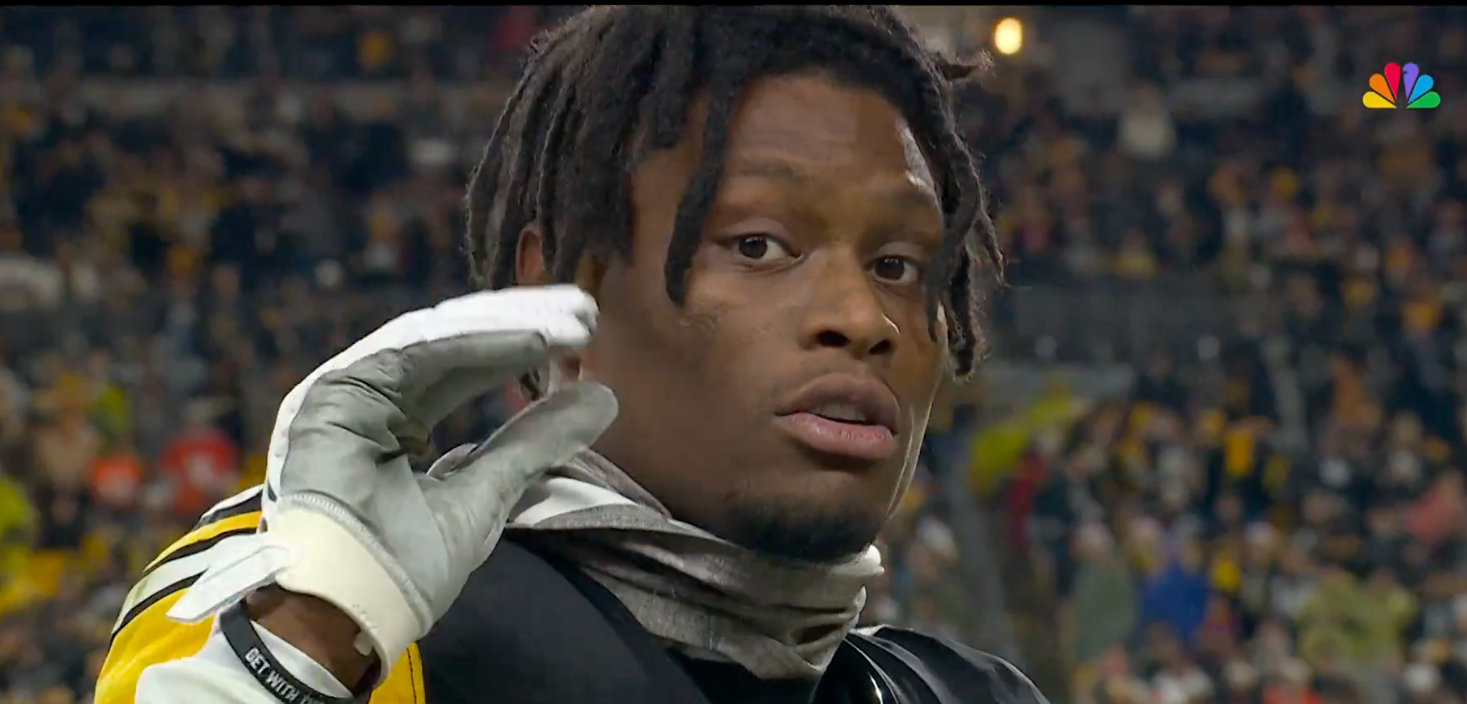 Pittsburgh Steelers WR George Pickens gestures to the camera after career day in win against Cincinnati Bengals