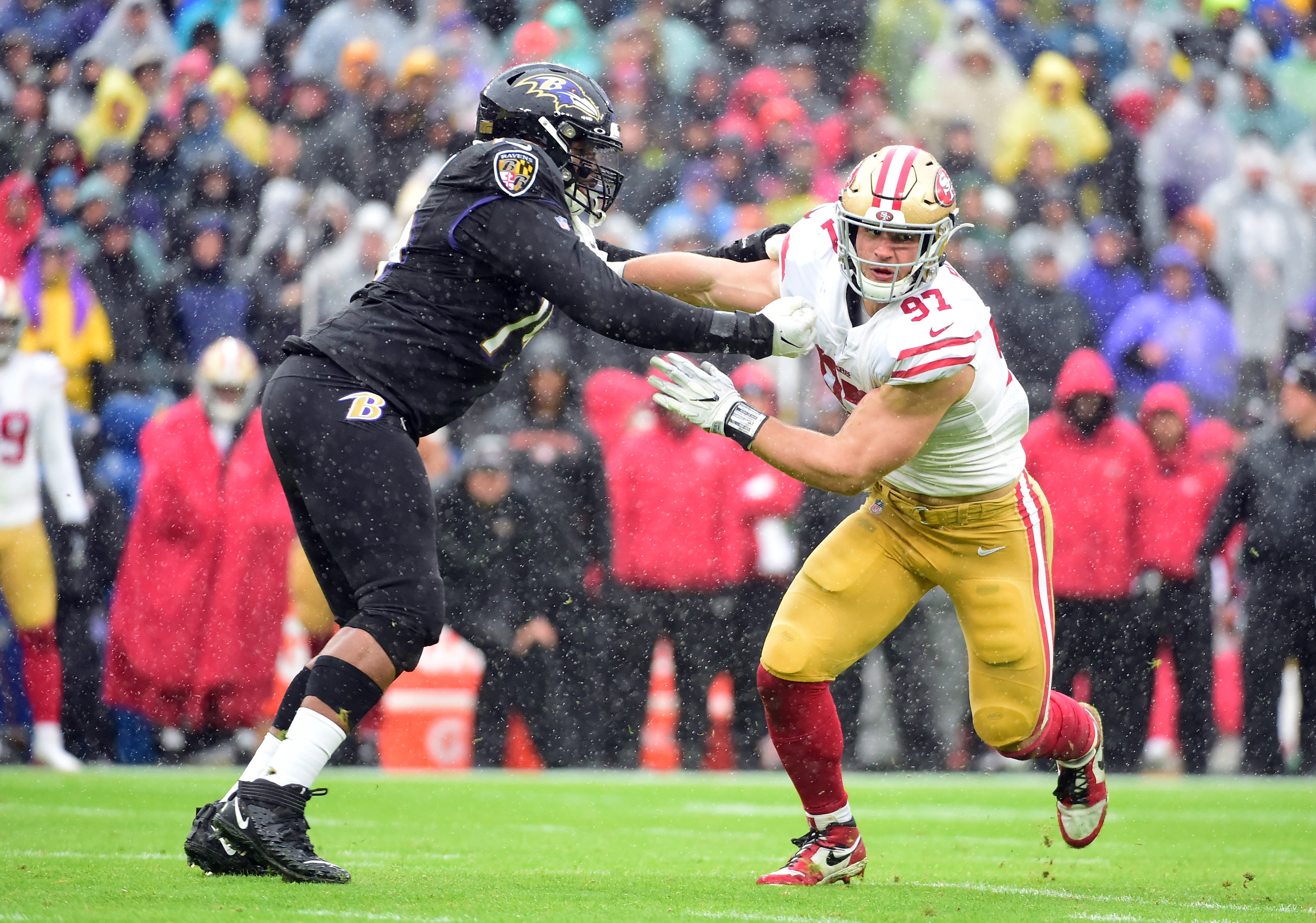 Dec 1, 2019; Baltimore, MD, USA; San Francisco 49ers defensive end Nick Bosa (97) is defended by Baltimore Ravens offensive tackle Ronnie Stanley (79) in the first quarter at M&T Bank Stadium.