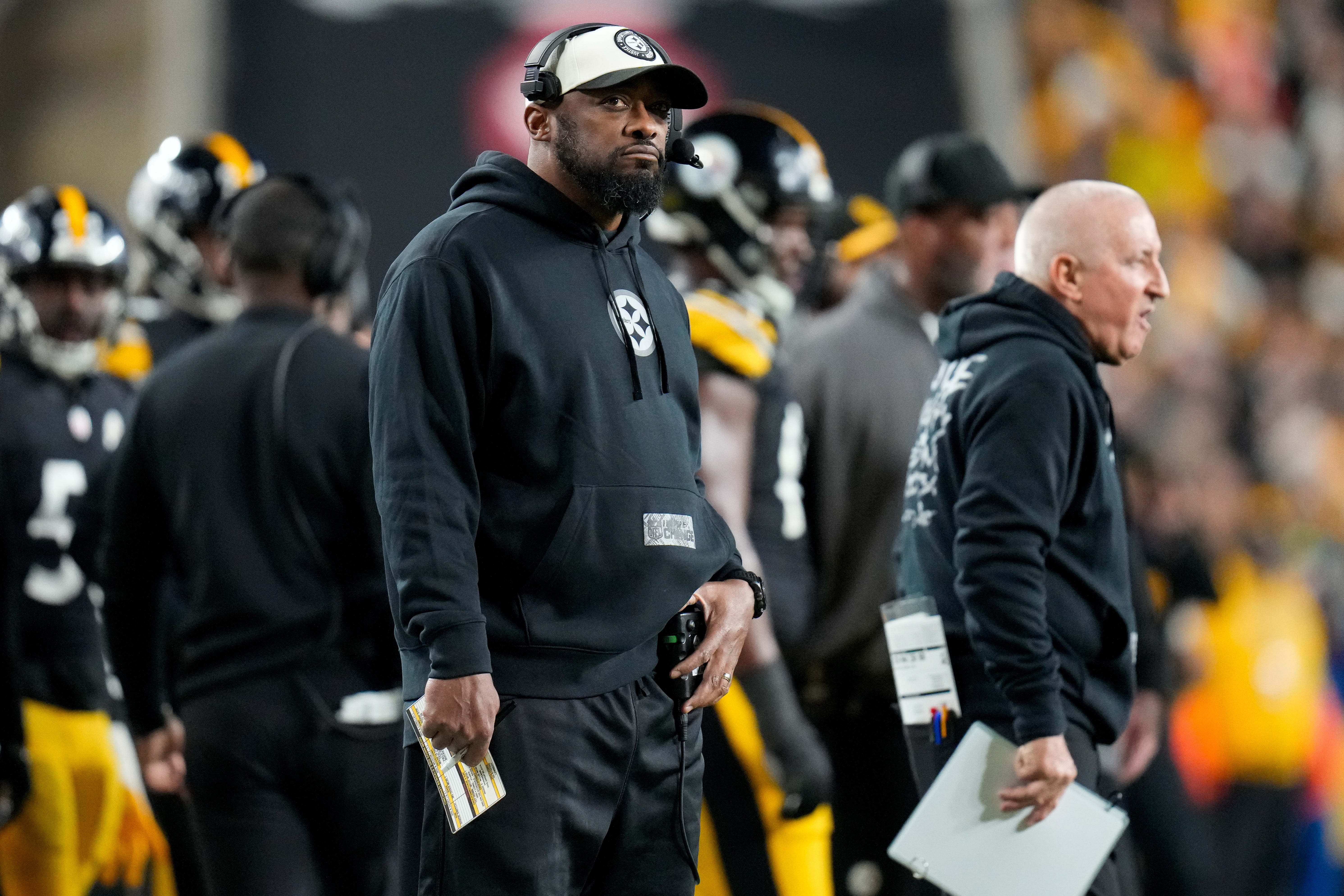 Pittsburgh Steelers head coach Mike Tomlin watches a replay in the second quarter of the NFL 16 game between the Pittsburgh Steelers and the Cincinnati Bengals at Acrisure Stadium in Pittsburgh on Saturday, Dec. 23, 2023. The Steelers led 24-0 at halftime.  