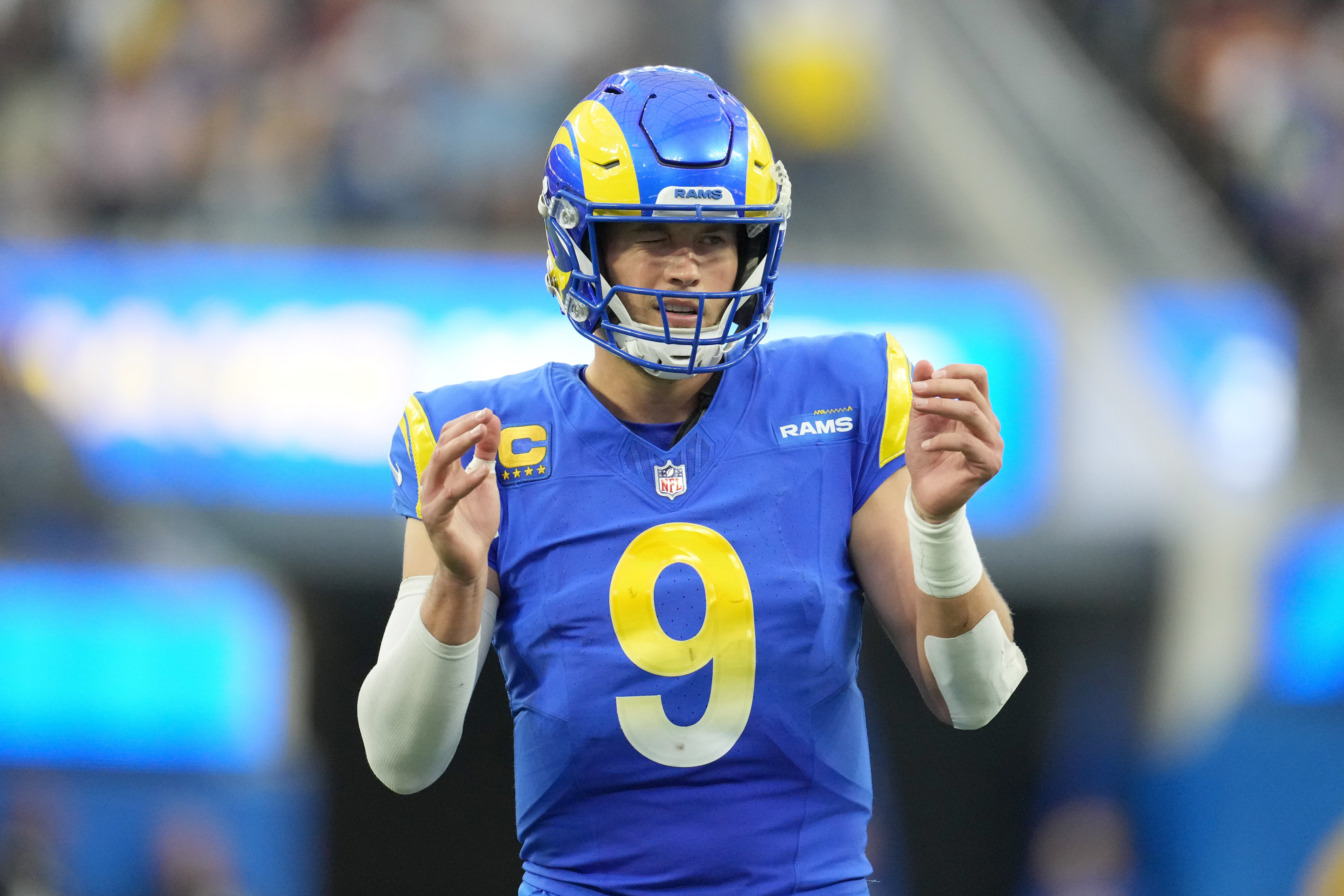 Dec 17, 2023; Inglewood, California, USA; Los Angeles Rams quarterback Matthew Stafford (9) gestures in the second half against the Washington Commanders at SoFi Stadium. Mandatory Credit: Kirby Lee-USA TODAY Sports