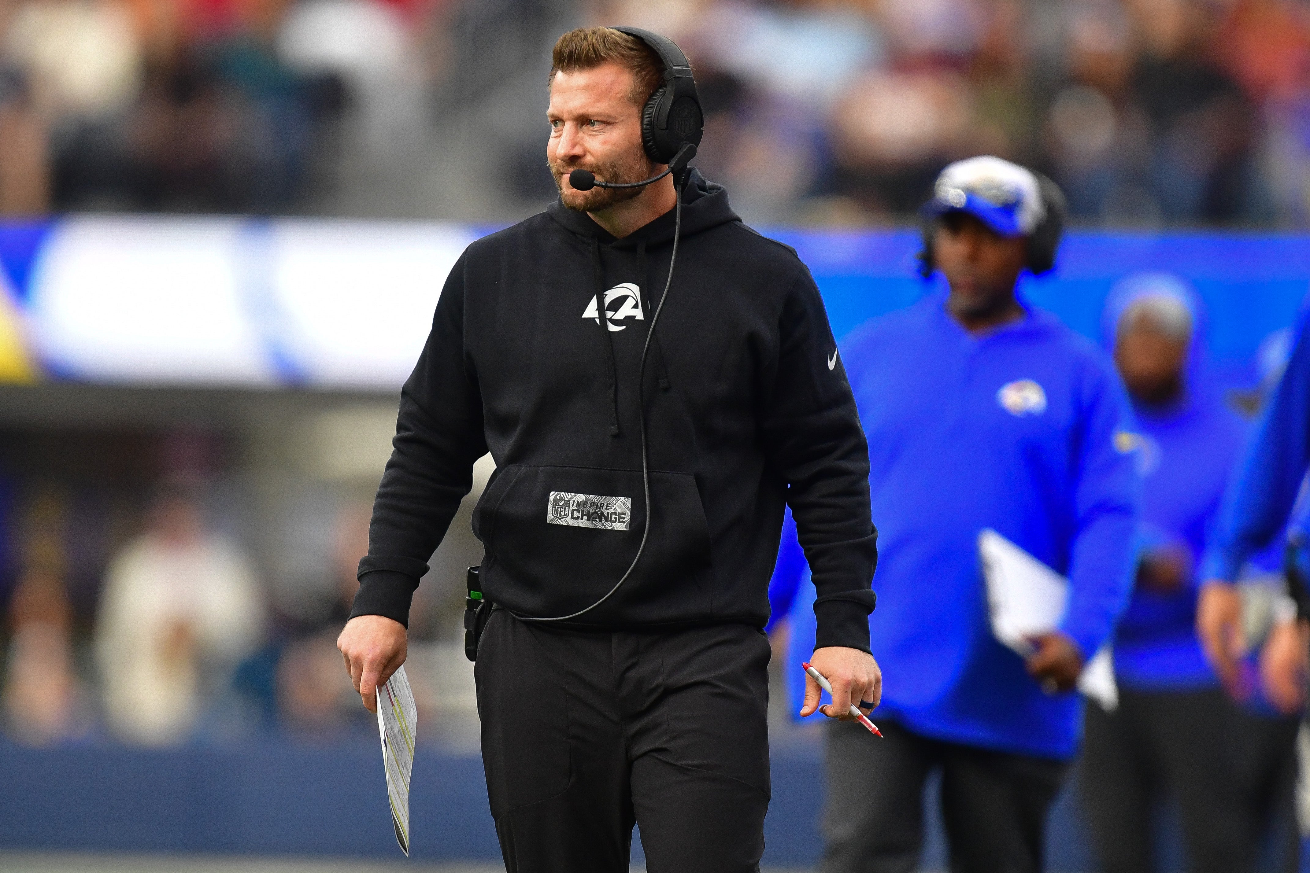 Dec 17, 2023; Inglewood, California, USA; Los Angeles Rams head coach Sean McVay watches game action against the Washington Commanders during the first half at SoFi Stadium. Mandatory Credit: Gary A. Vasquez-USA TODAY Sports