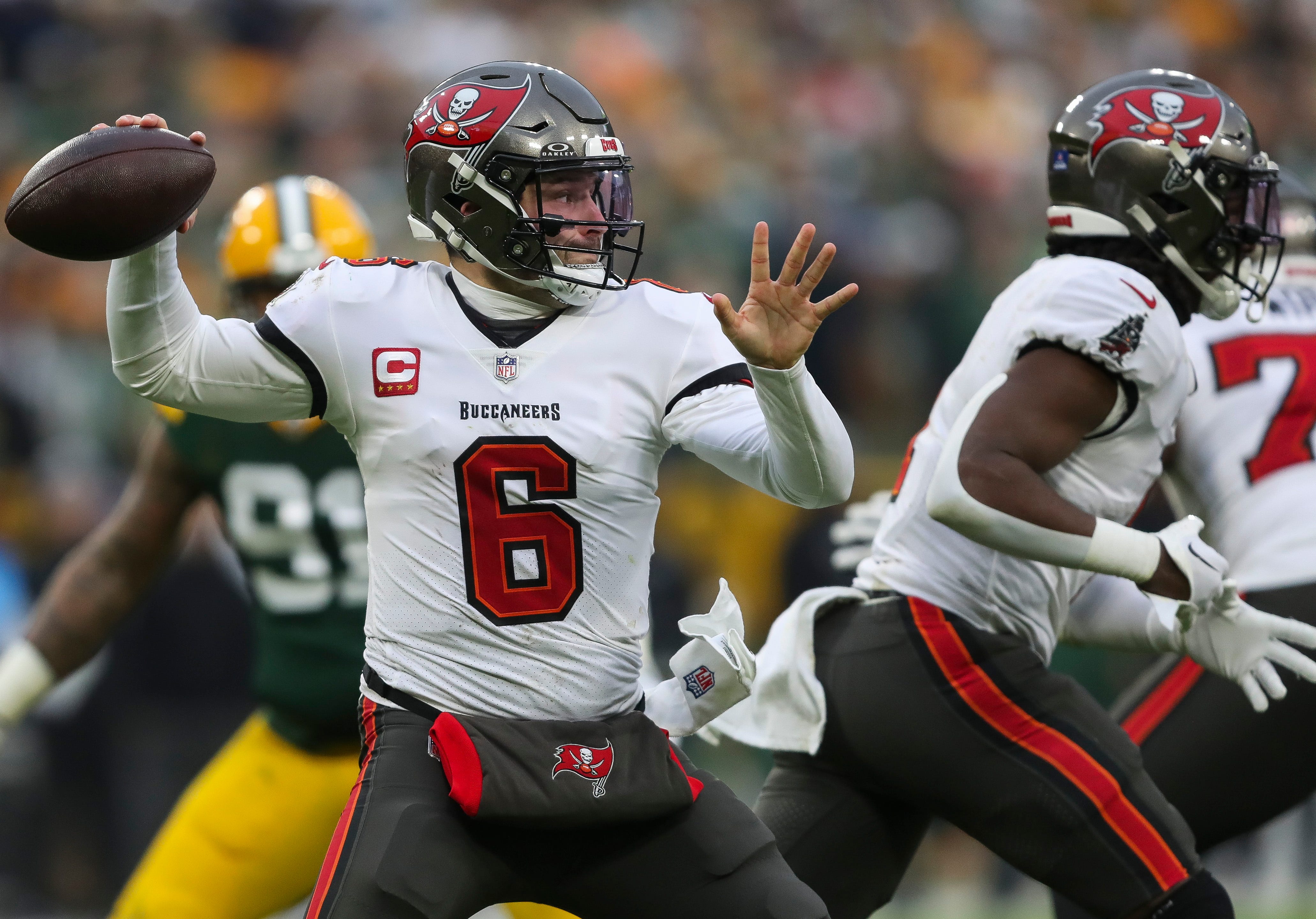 Tampa Bay Buccaneers quarterback Baker Mayfield (6) passes the ball against the Green Bay Packers on Sunday, December 17, 2023, at Lambeau Field in Green Bay, Wis. Tampa Bay won the game, 34-20.