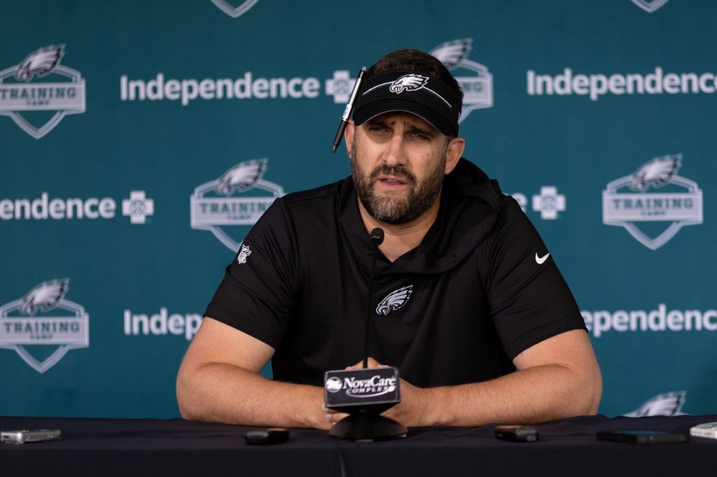 Philadelphia Eagles head coach Nick Sirianni speaks with the media before practice at Novacare Complex.