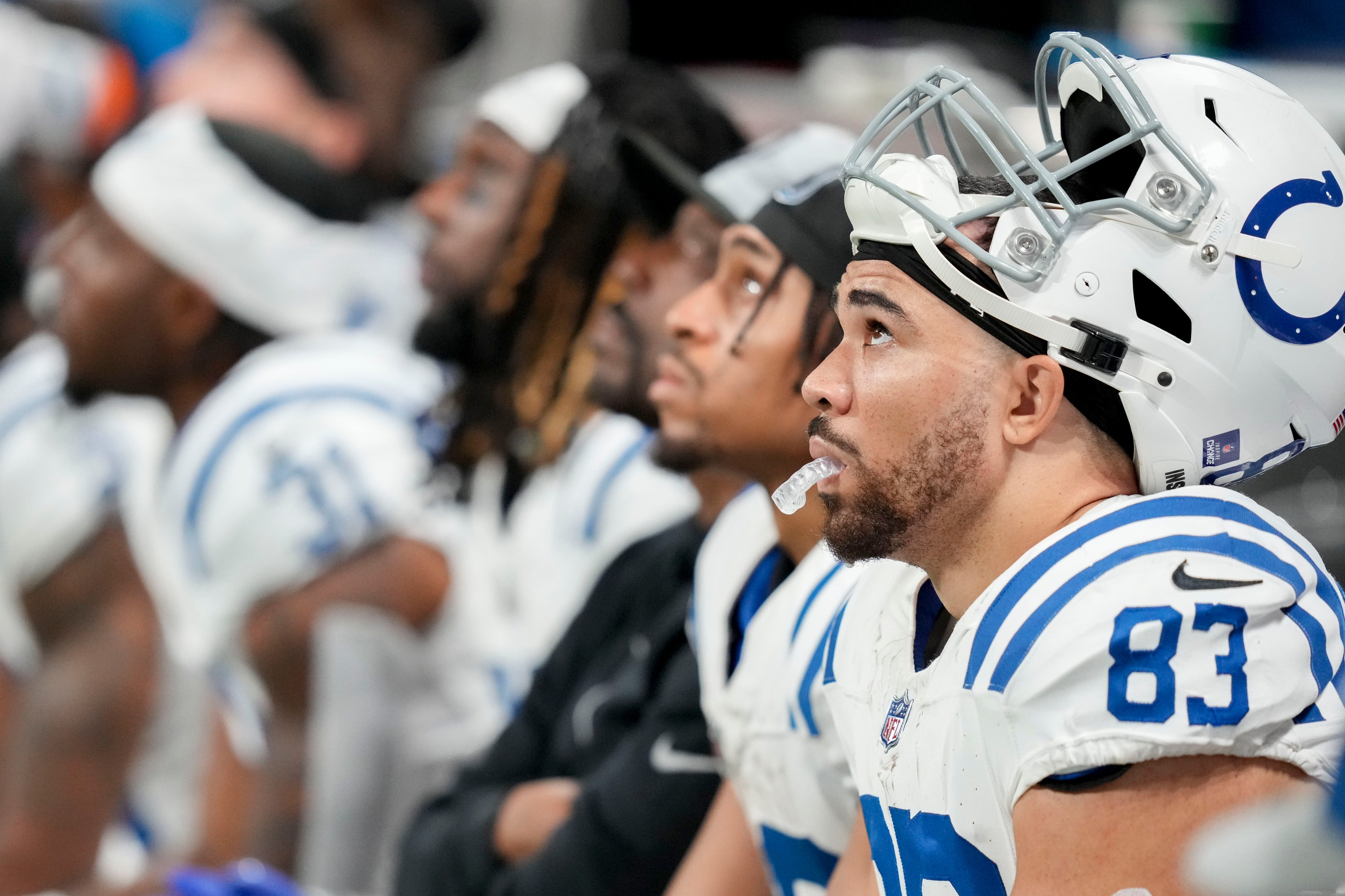 Dec 24, 2023; Atlanta, Georgia, USA; Indianapolis Colts tight end Kylen Granson (83) sits on the bench during the fourth quarter during a game against the Atlanta Falcons at Mercedes-Benz Stadium.