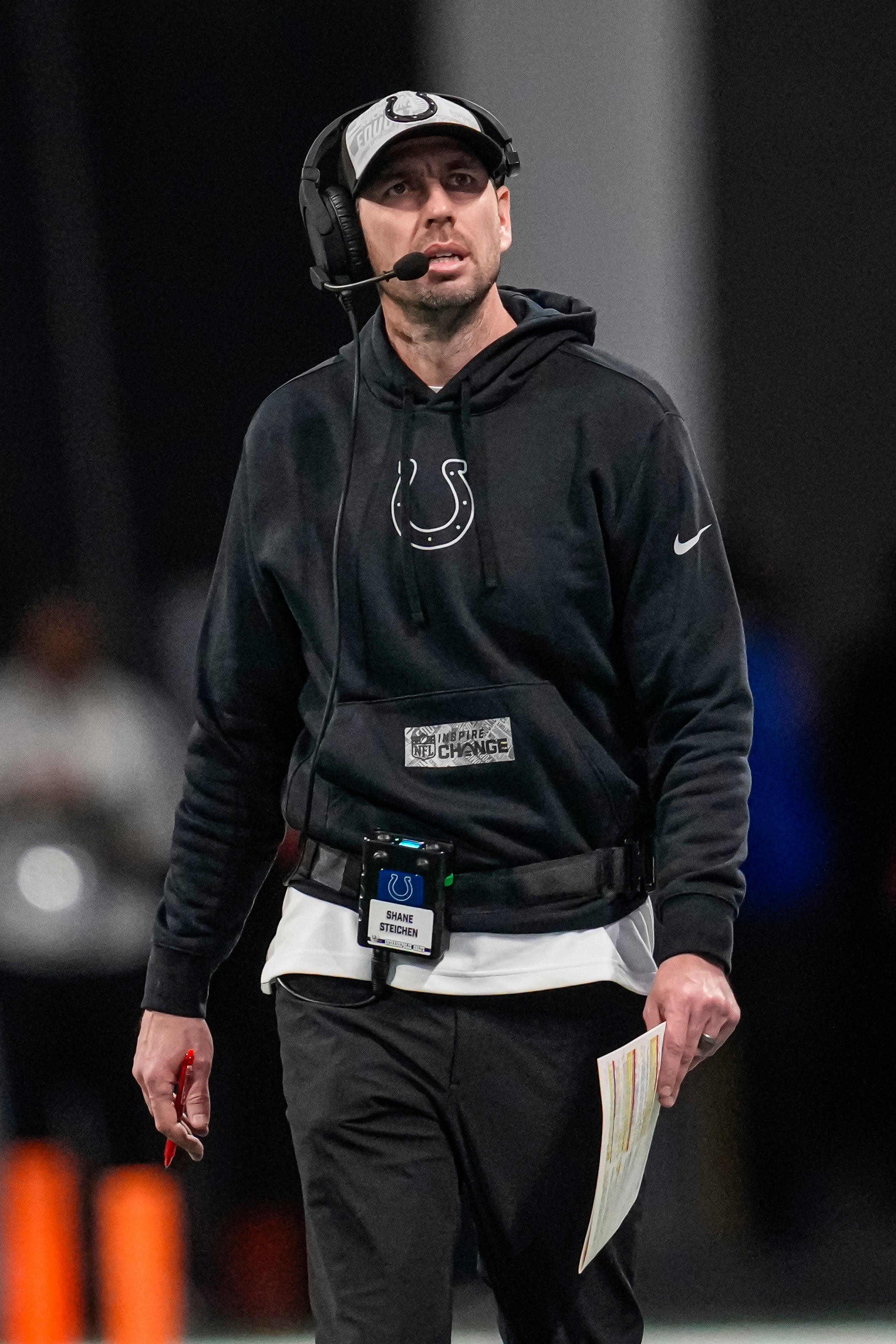 Dec 24, 2023; Atlanta, Georgia, USA; Indianapolis Colts head coach Shane Steichen on the field during the game against the Atlanta Falcons at Mercedes-Benz Stadium.