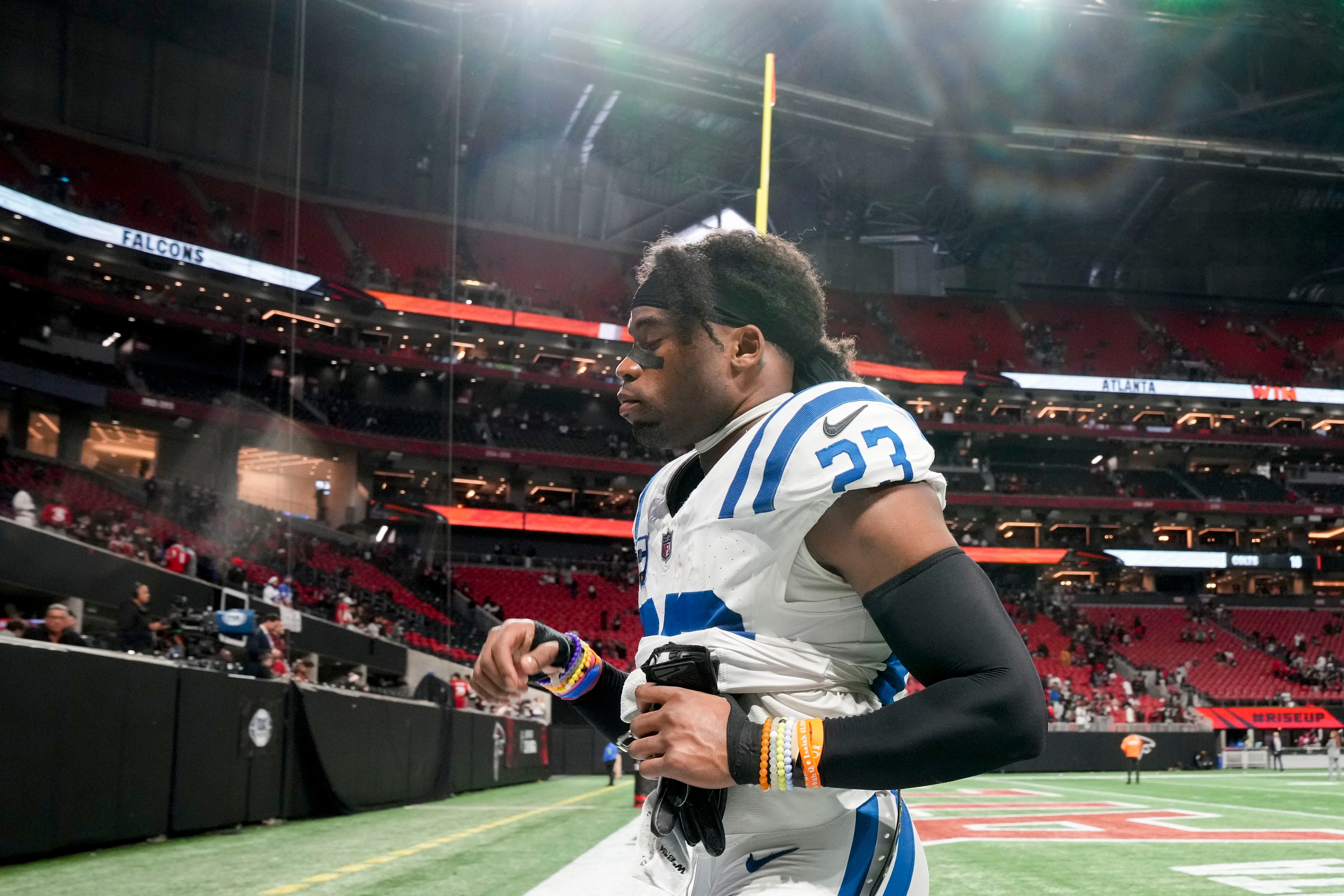 Indianapolis Colts cornerback Kenny Moore II (23) leaves the field Sunday, Dec. 24, 2023, following a 29-10 loss to the Atlanta Falcons at Mercedes-Benz Stadium in Atlanta.