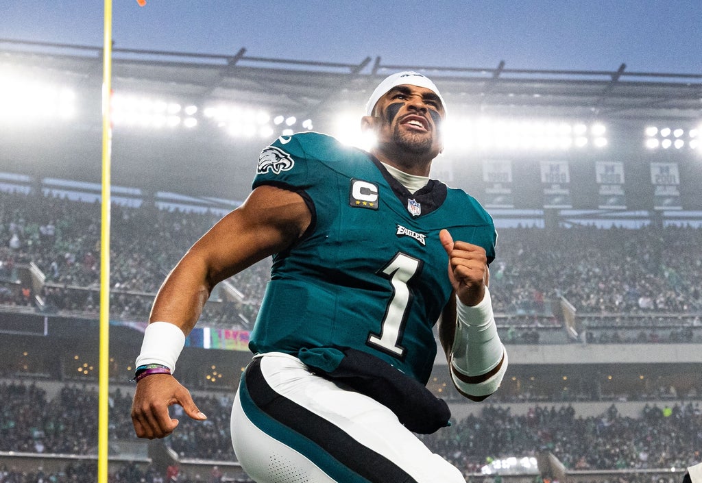 Philadelphia Eagles quarterback Jalen Hurts (1) reacts before the start of action against the San Francisco 49ers at Lincoln Financial Field.