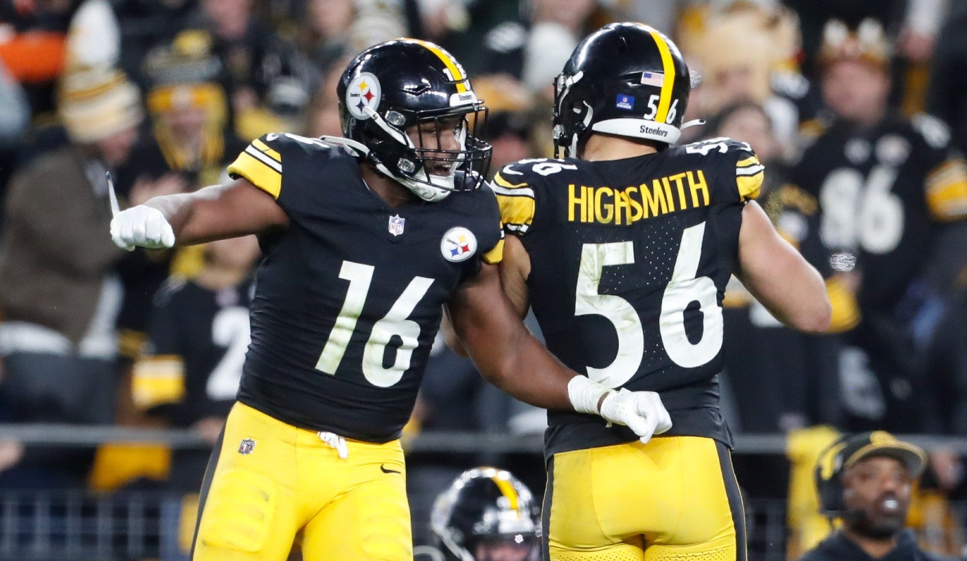 Dec 23, 2023; Pittsburgh, Pennsylvania, USA; Pittsburgh Steelers linebacker Myles Jack (16) and linebacker Alex Highsmith (56) celebrate a sack by Jack against the Cincinnati Bengals during the fourth quarter at Acrisure Stadium. Pittsburgh won 34-11. Mandatory Credit: Charles LeClaire-USA TODAY Sports