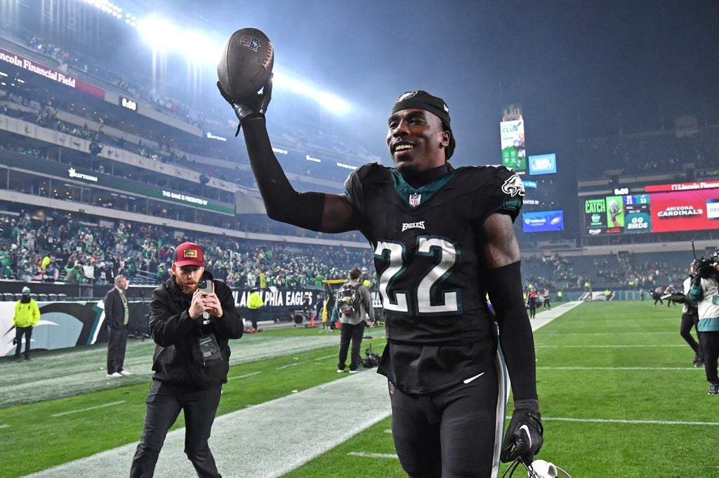Philadelphia Eagles cornerback Kelee Ringo (22) runs off the field after win against the New York Giants at Lincoln Financial Field.