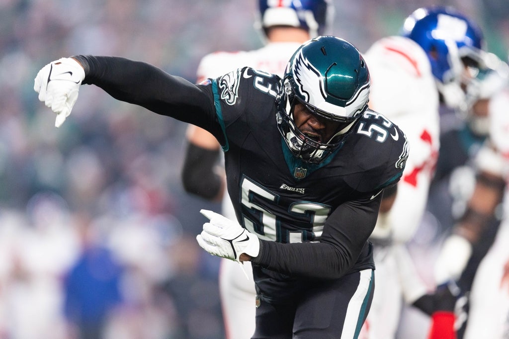 Philadelphia Eagles linebacker Shaquille Leonard (53) reacts after a defensive stop against the New York Giants during the first quarter at Lincoln Financial Field.