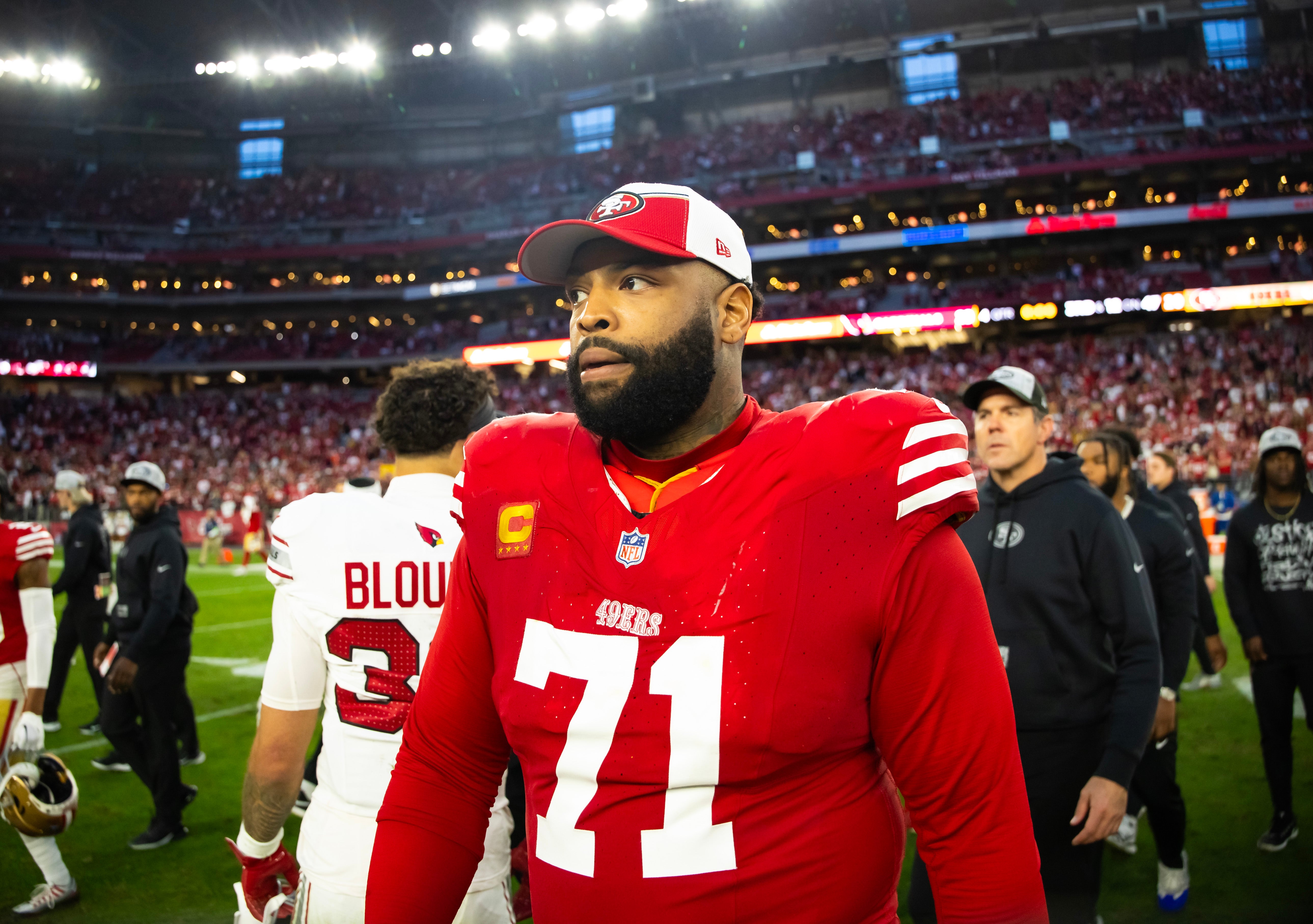 Dec 17, 2023; Glendale, Arizona, USA; San Francisco 49ers offensive lineman Trent Williams (71) against the Arizona Cardinals at State Farm Stadium.