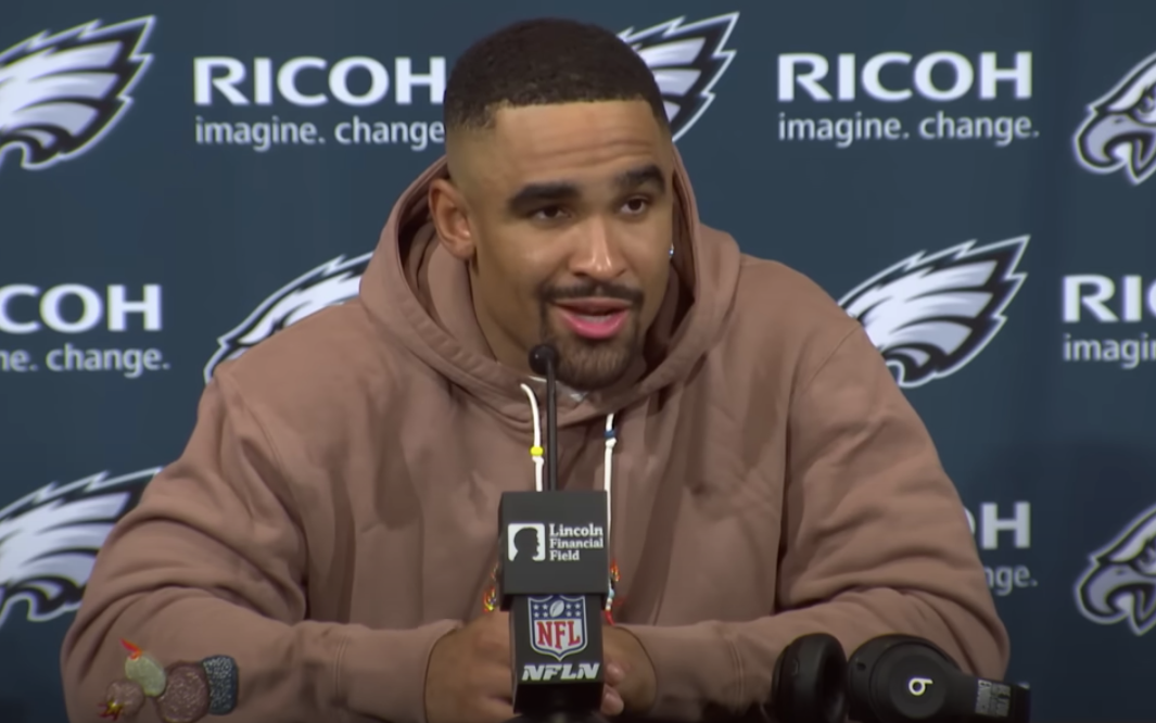 Philadelphia Eagles quarterback Jalen Hurts reacts to 33-25 win over the New York Giants on Christmas Day.