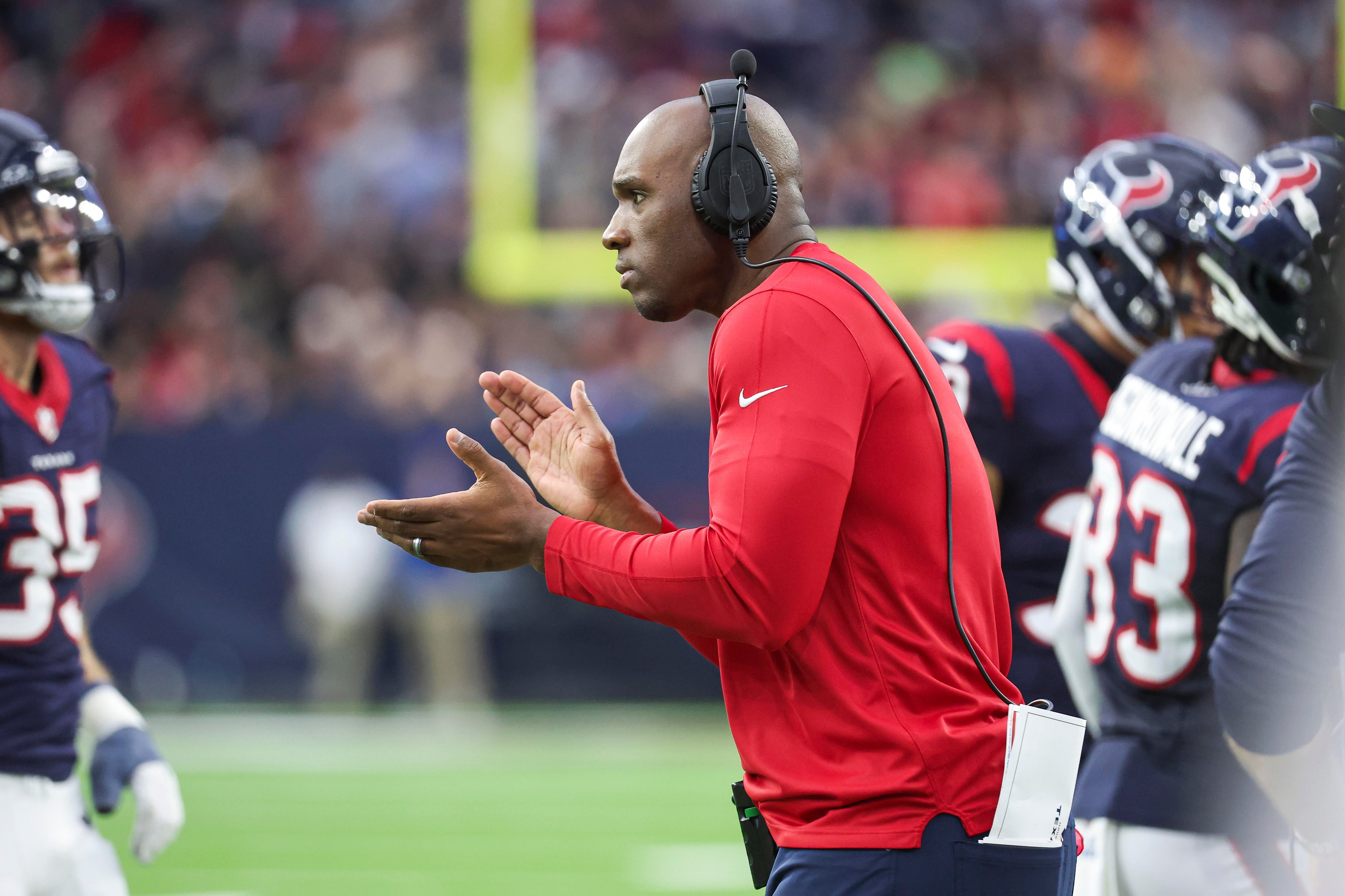 Dec 24, 2023; Houston, Texas, USA; Houston Texans head coach DeMeco Ryans reacts during the first quarter against the Cleveland Browns at NRG Stadium.