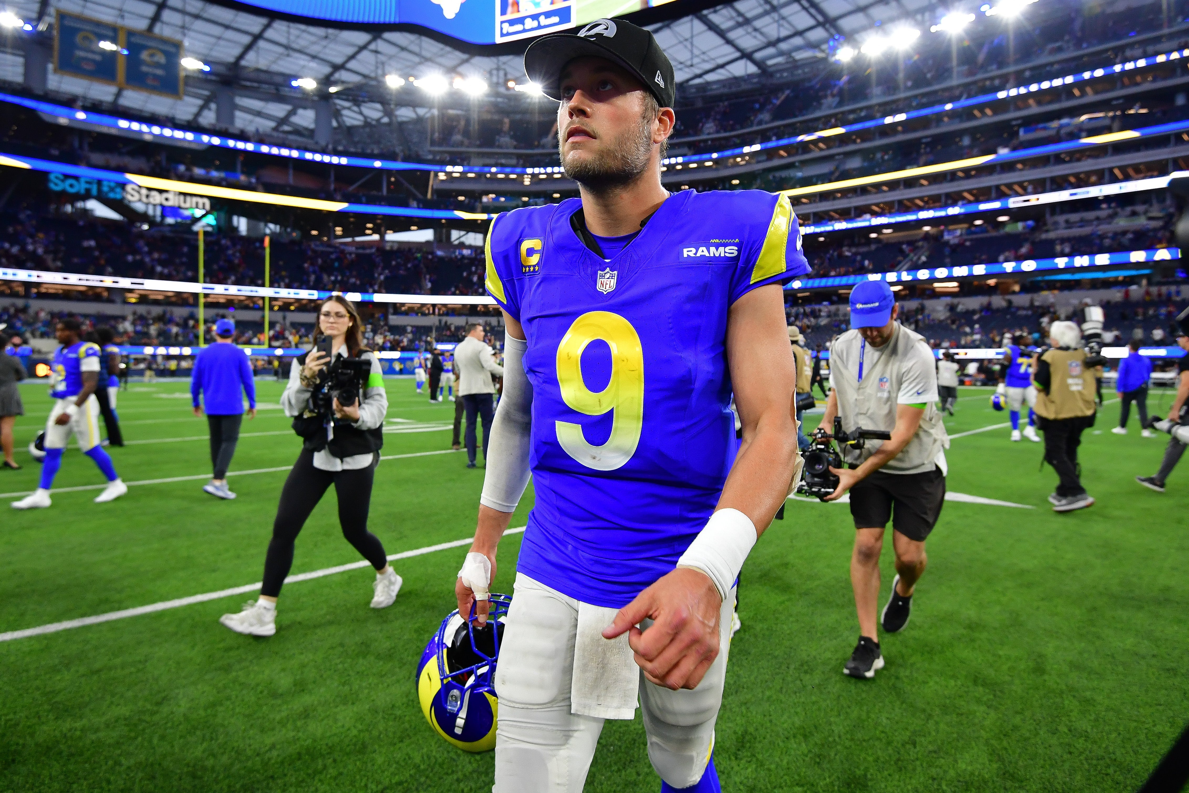 Dec 17, 2023; Inglewood, California, USA; Los Angeles Rams quarterback Matthew Stafford (9) following the victory against the Washington Commanders at SoFi Stadium. Mandatory Credit: Gary A. Vasquez-USA TODAY Sports