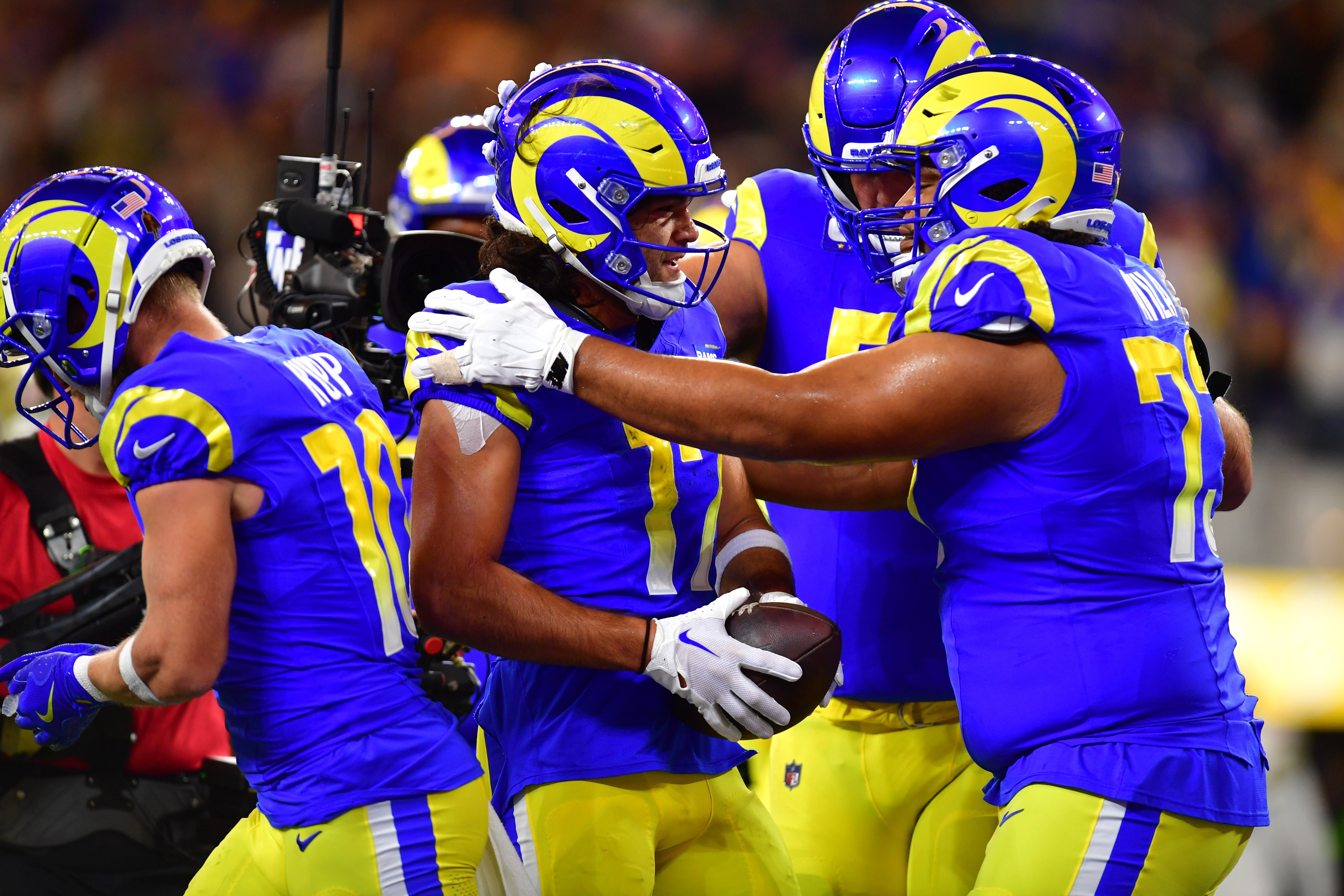 Dec 21, 2023; Inglewood, California, USA; Los Angeles Rams wide receiver Puka Nacua (17) celebrates his touchdown scored against the against the New Orleans Saints during the first half at SoFi Stadium. Mandatory Credit: Gary A. Vasquez-USA TODAY Sports
