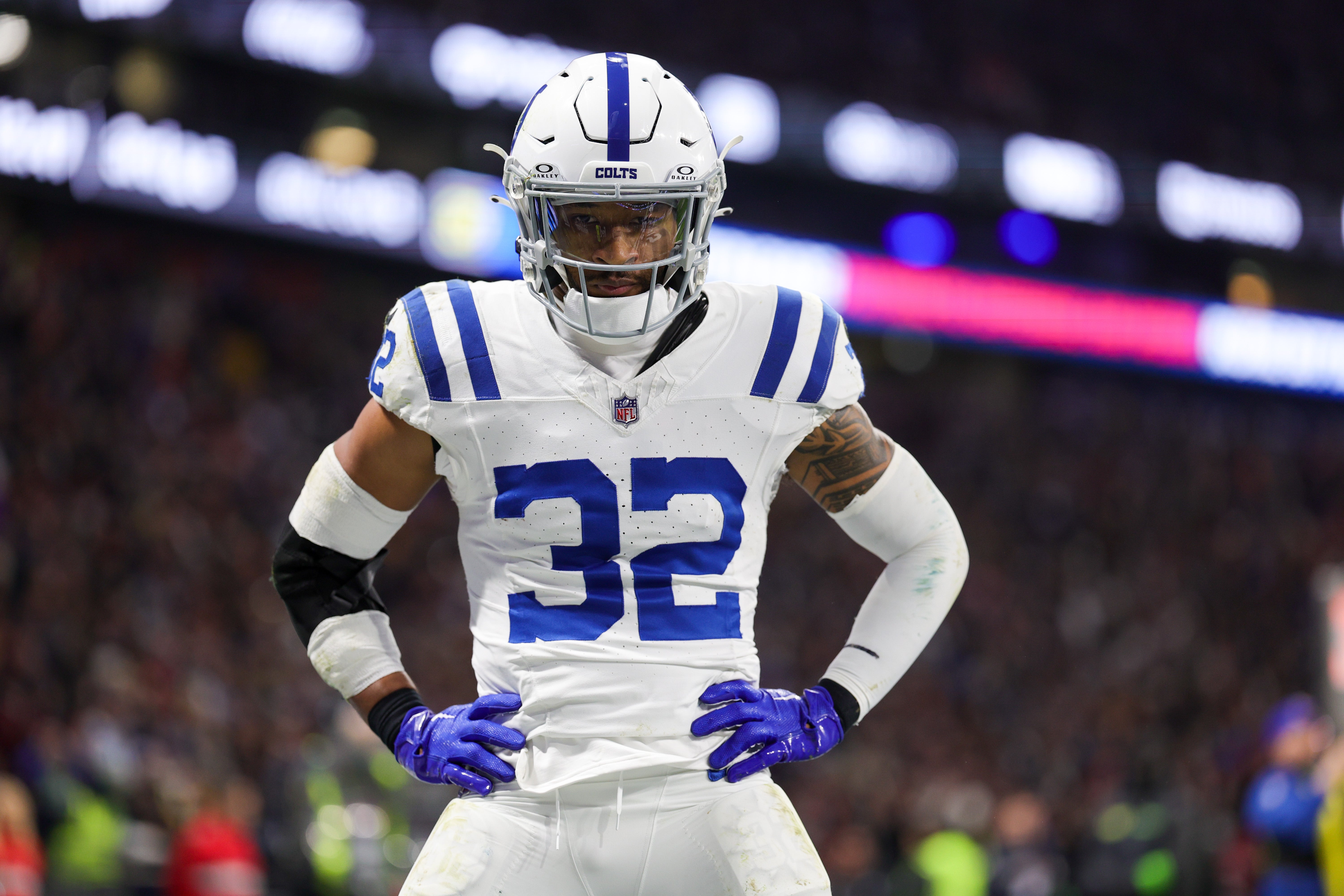 Nov 12, 2023; Frankfurt, Germany; Indianapolis Colts safety Julian Blackmon (32) reacts after a play against the New England Patriots in the fourth quarter during an International Series game at Deutsche Bank Park.