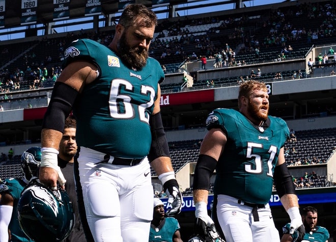 Philadelphia Eagles center Jason Kelce (62) and center Cam Jurgens (51) before action at Lincoln Financial Field.