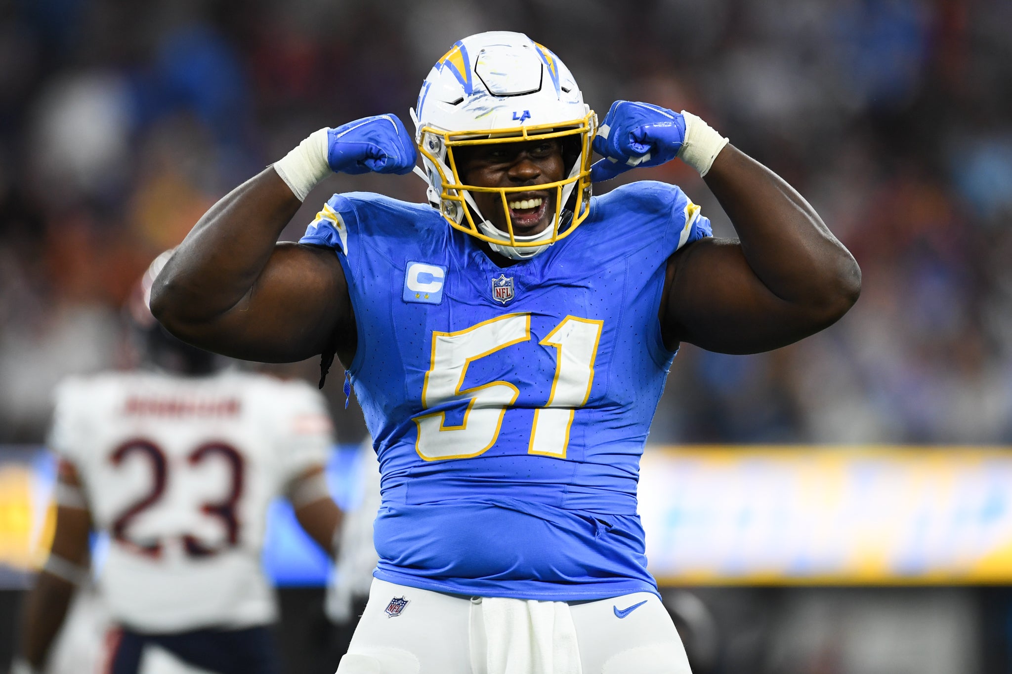 Oct 29, 2023; Inglewood, California, USA; Los Angeles Chargers defensive tackle Sebastian Joseph-Day (51) celebrates after a fourth down stop against the Chicago Bears during third quarter at SoFi Stadium.