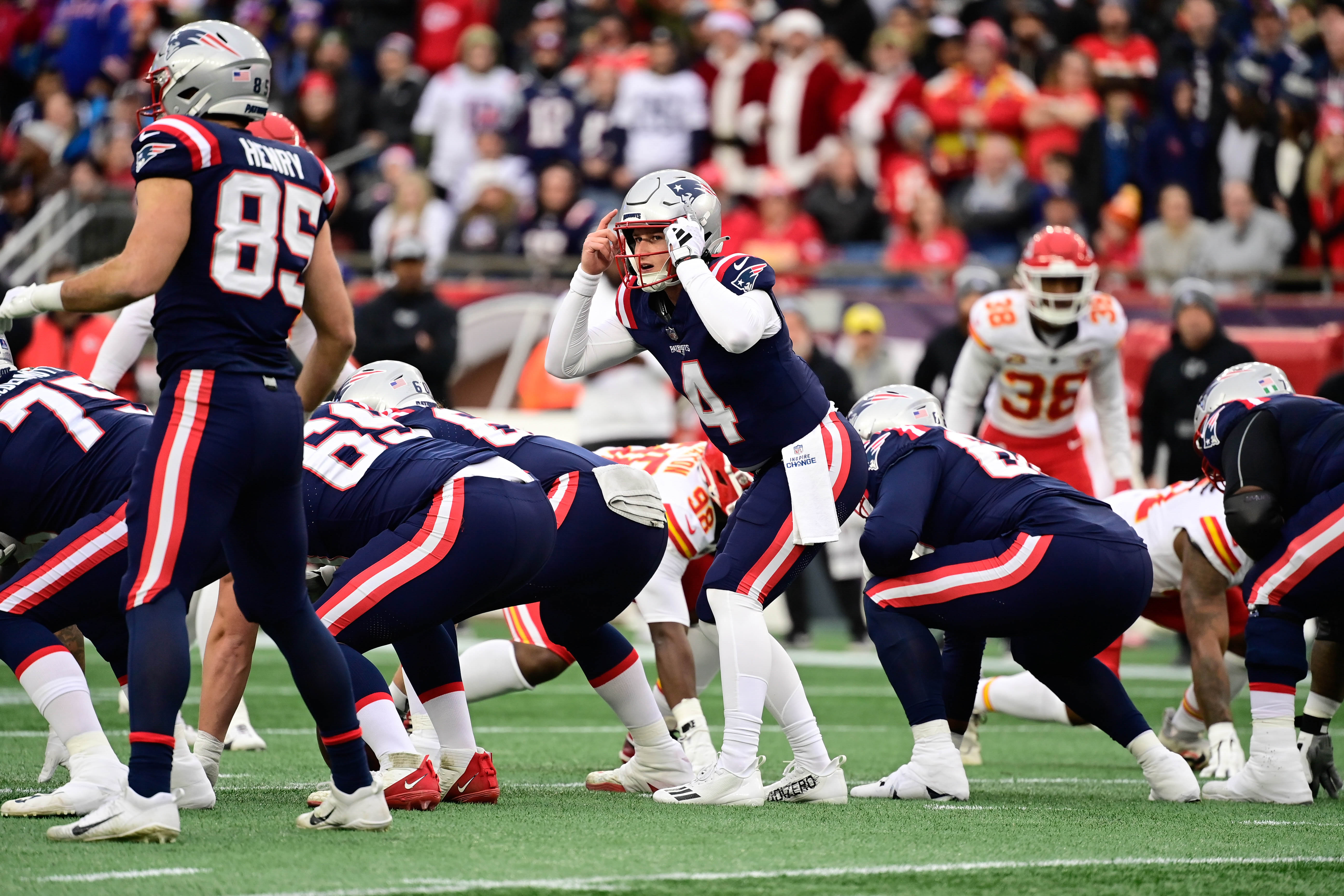 New England Patriots quarterback Bailey Zappe signals during the first half against the Kansas City Chiefs at Gillette Stadium.