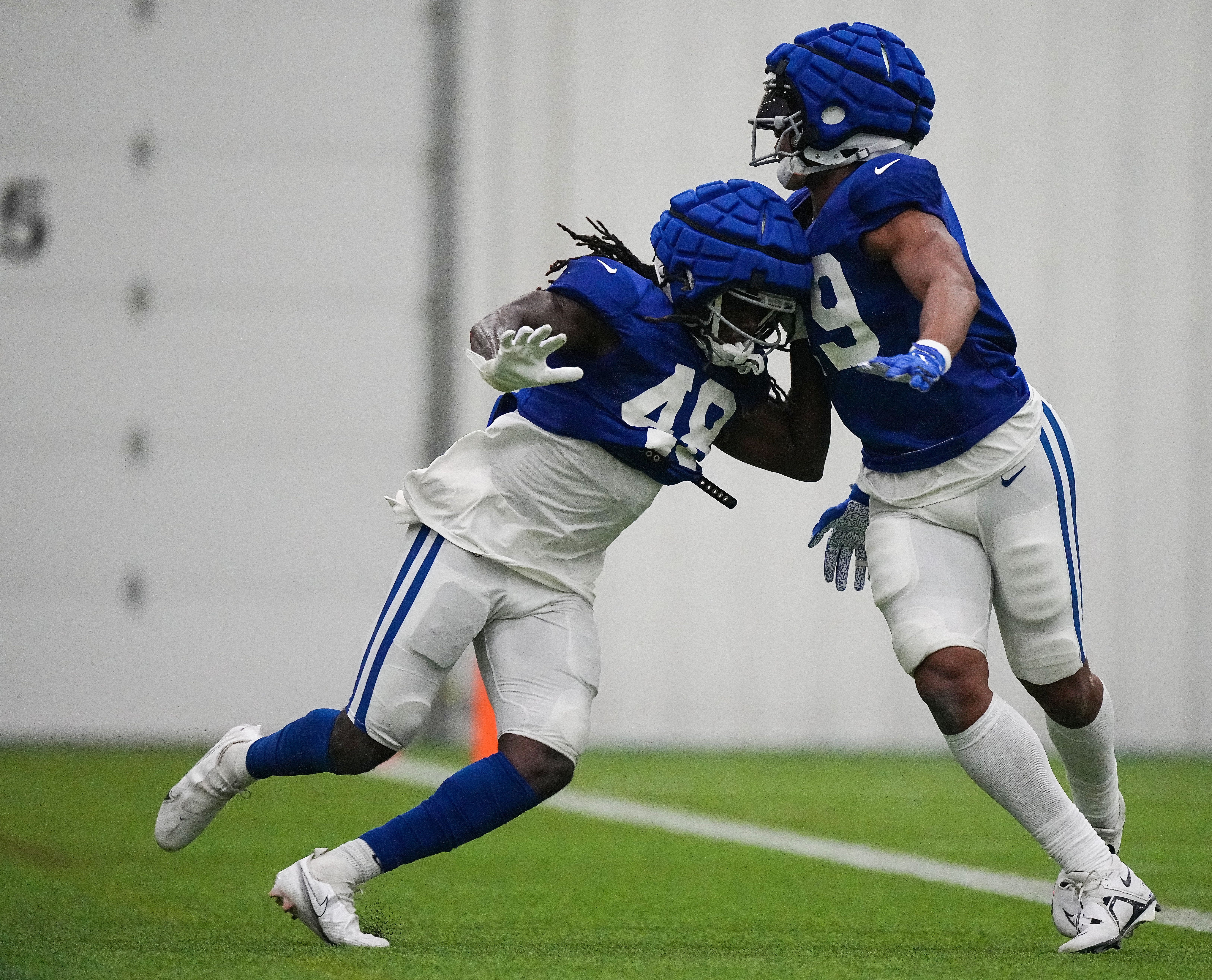 Indianapolis Colts La'Michael Pettway trains with Indianapolis Colts tight end Pharaoh Brown on Saturday, Aug. 5, 2023, during training camp at Grand Park Sports Campus in Westfield.