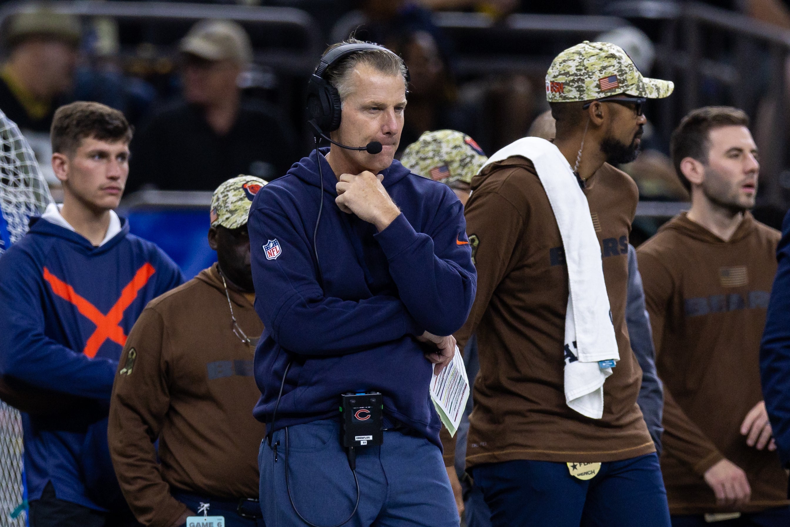 Nov 5, 2023; New Orleans, Louisiana, USA; Chicago Bears head coach Matt Eberflus looks on against the New Orleans Saints during the second half at the Caesars Superdome.