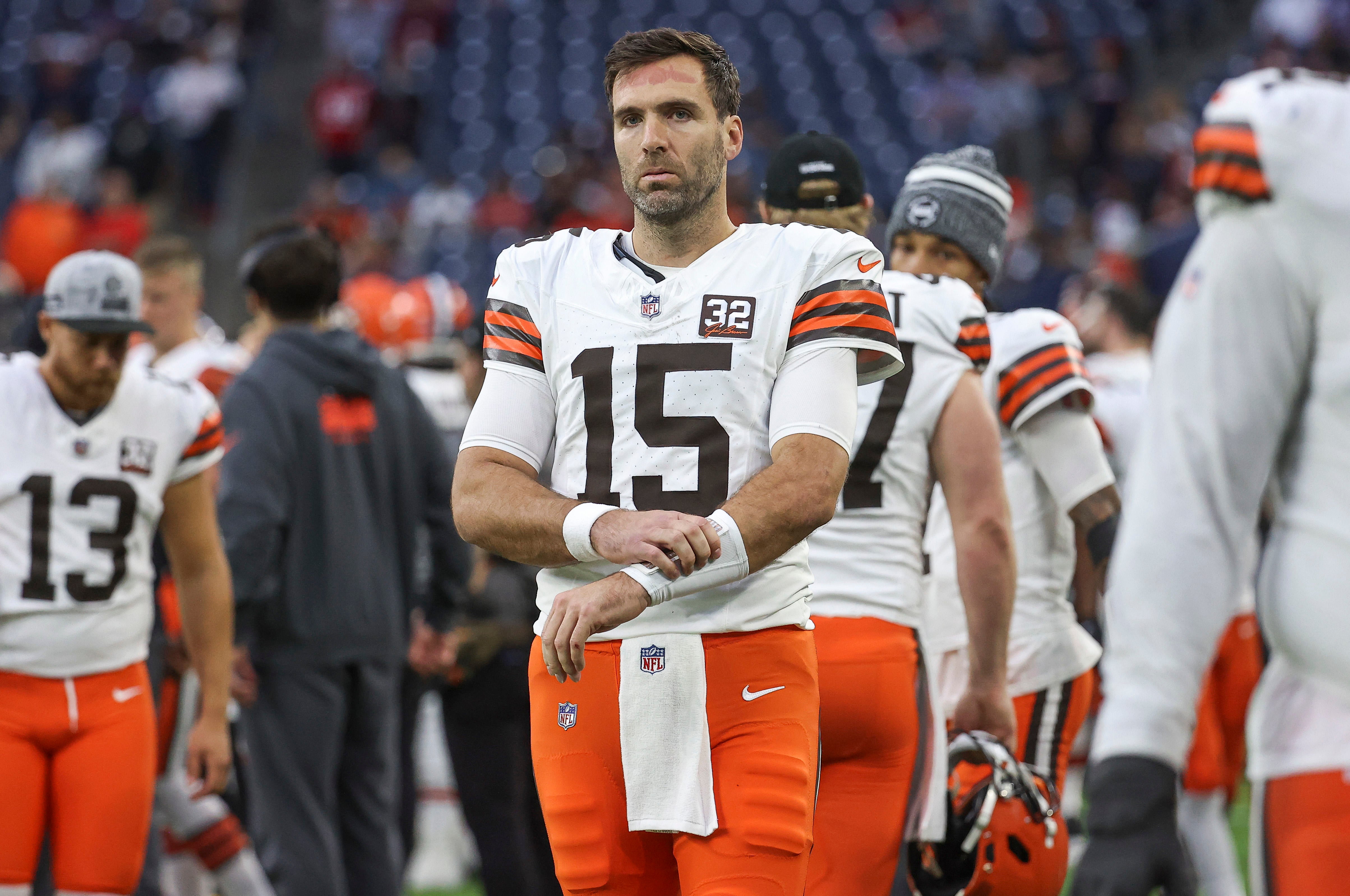 Dec 24, 2023; Houston, Texas, USA; Cleveland Browns quarterback Joe Flacco (15) on the sideline during the fourth quarter against the Houston Texans at NRG Stadium. Mandatory Credit: Troy Taormina-USA TODAY Sports