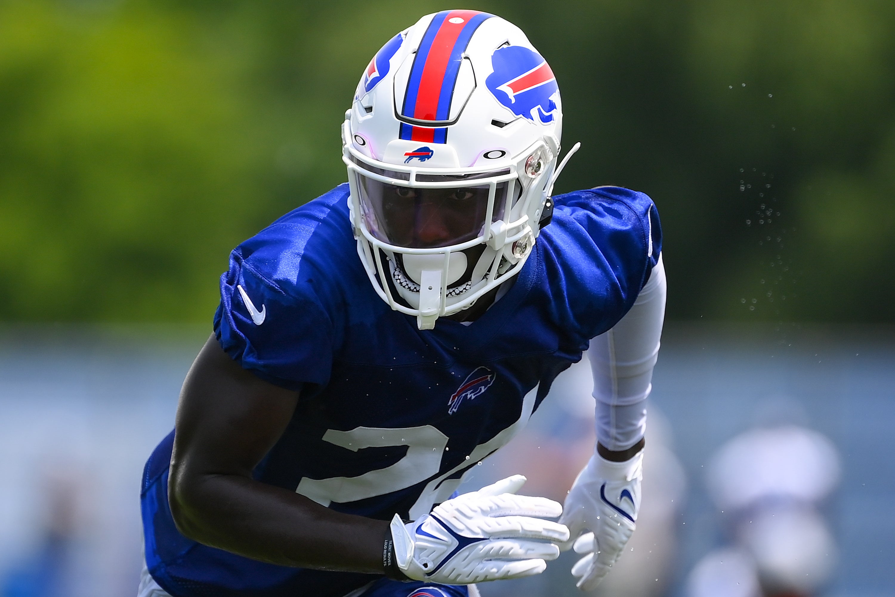 Buffalo Bills cornerback Kaiir Elam participates in a drill during minicamp at the ADPRO Sports Training Center.