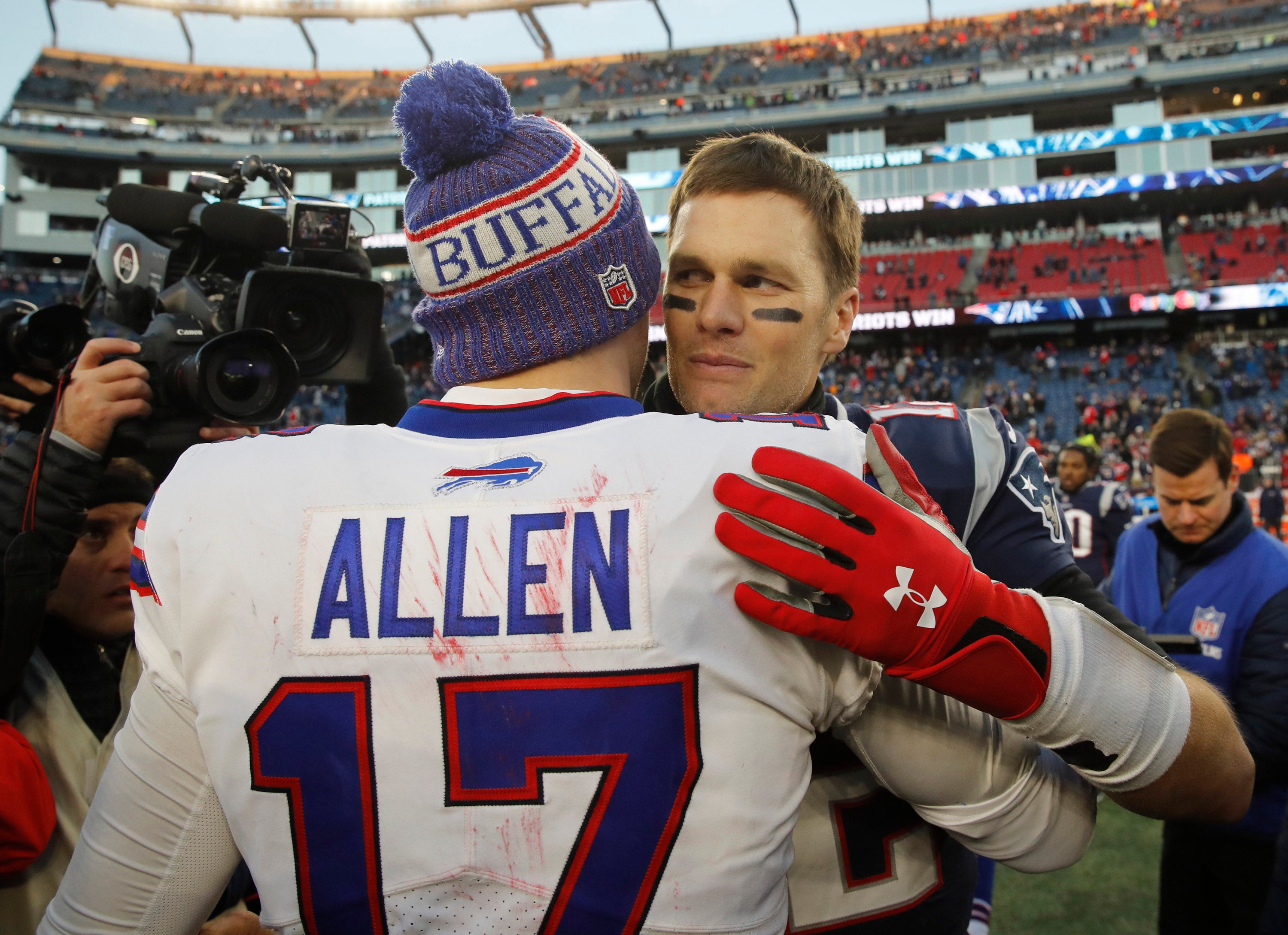 New England Patriots quarterback Tom Brady meets Buffalo Bills quarterback Josh Allen after the game at Gillette Stadium. Patriots defeated the Bills 24-12