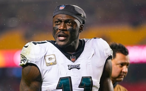 Philadelphia Eagles wide receiver A.J. Brown (11) leaves the field after defeating the Kansas City Chiefs at GEHA Field at Arrowhead Stadium. 